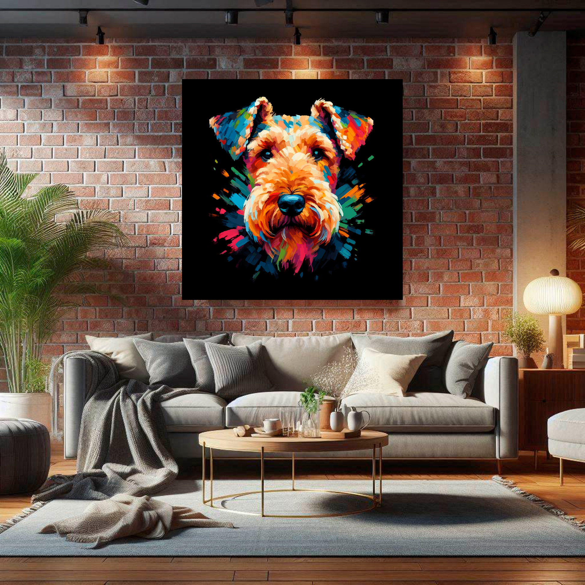 Large canvas wall art - A vibrant multi-coloured head portrait of a Airedale Terrier. Available in 3 large sizes.