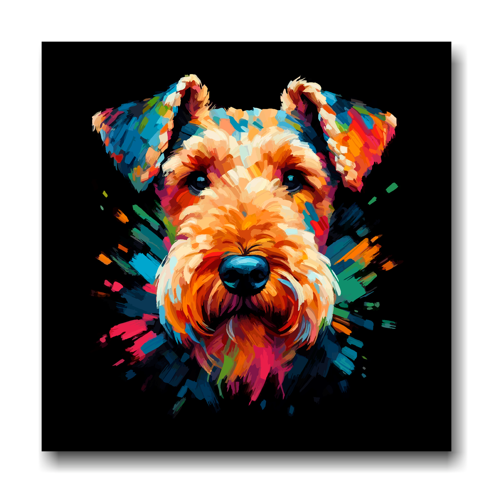 Large canvas wall art - A vibrant multi-coloured head portrait of a Airedale Terrier. Available in 3 large sizes.