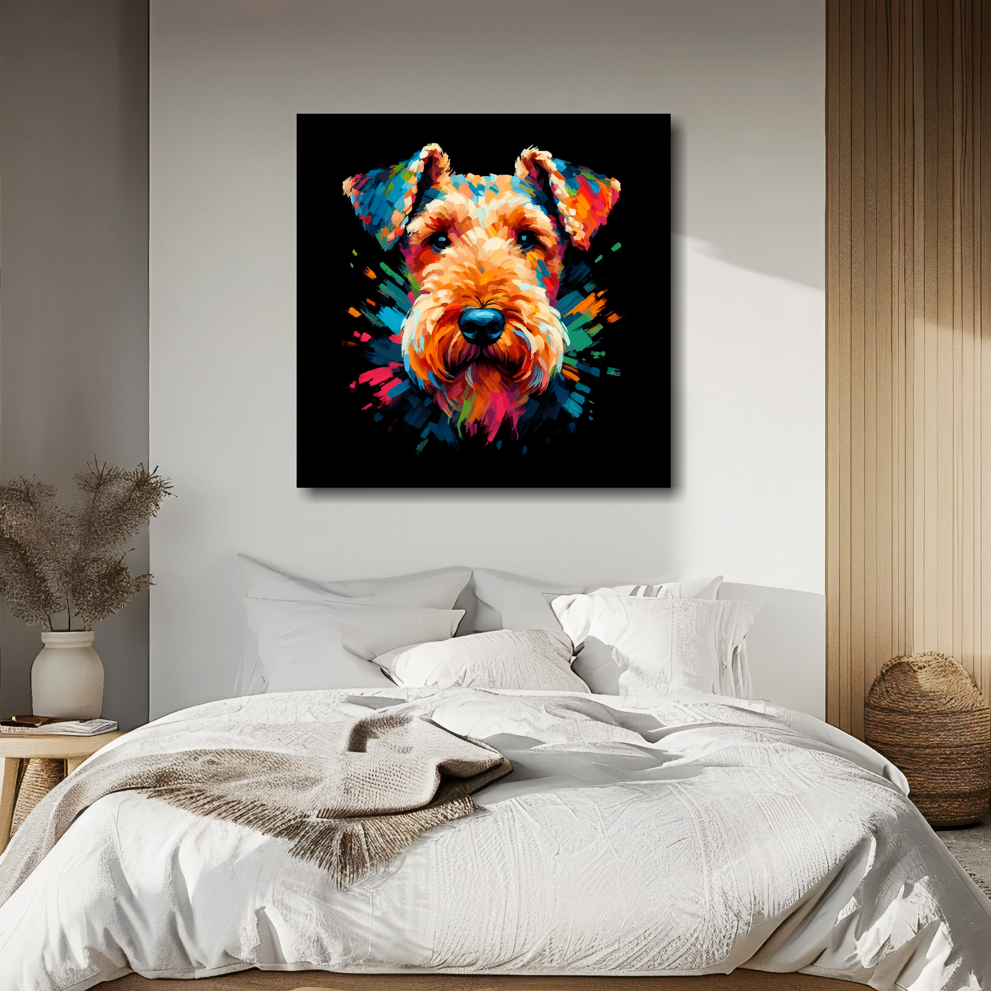 Large canvas wall art - A vibrant multi-coloured head portrait of a Airedale Terrier. Available in 3 large sizes.