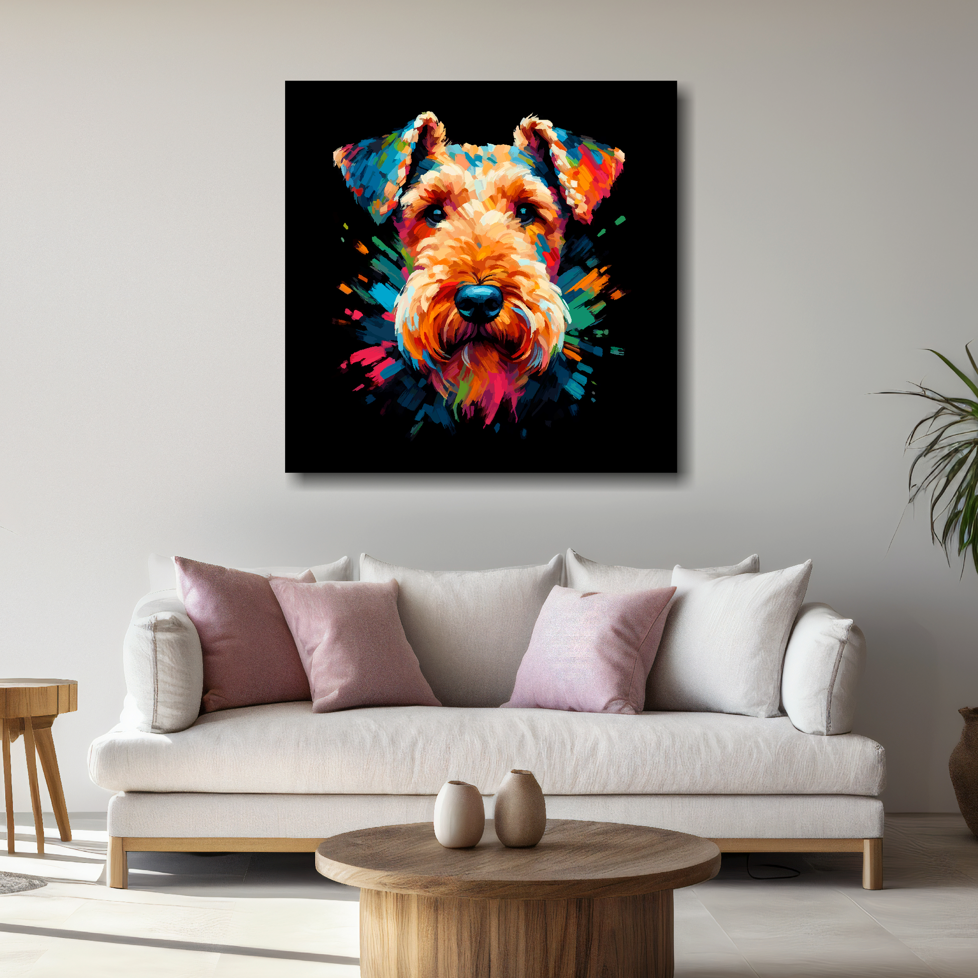 Large canvas wall art - A vibrant multi-coloured head portrait of a Airedale Terrier. Available in 3 large sizes.