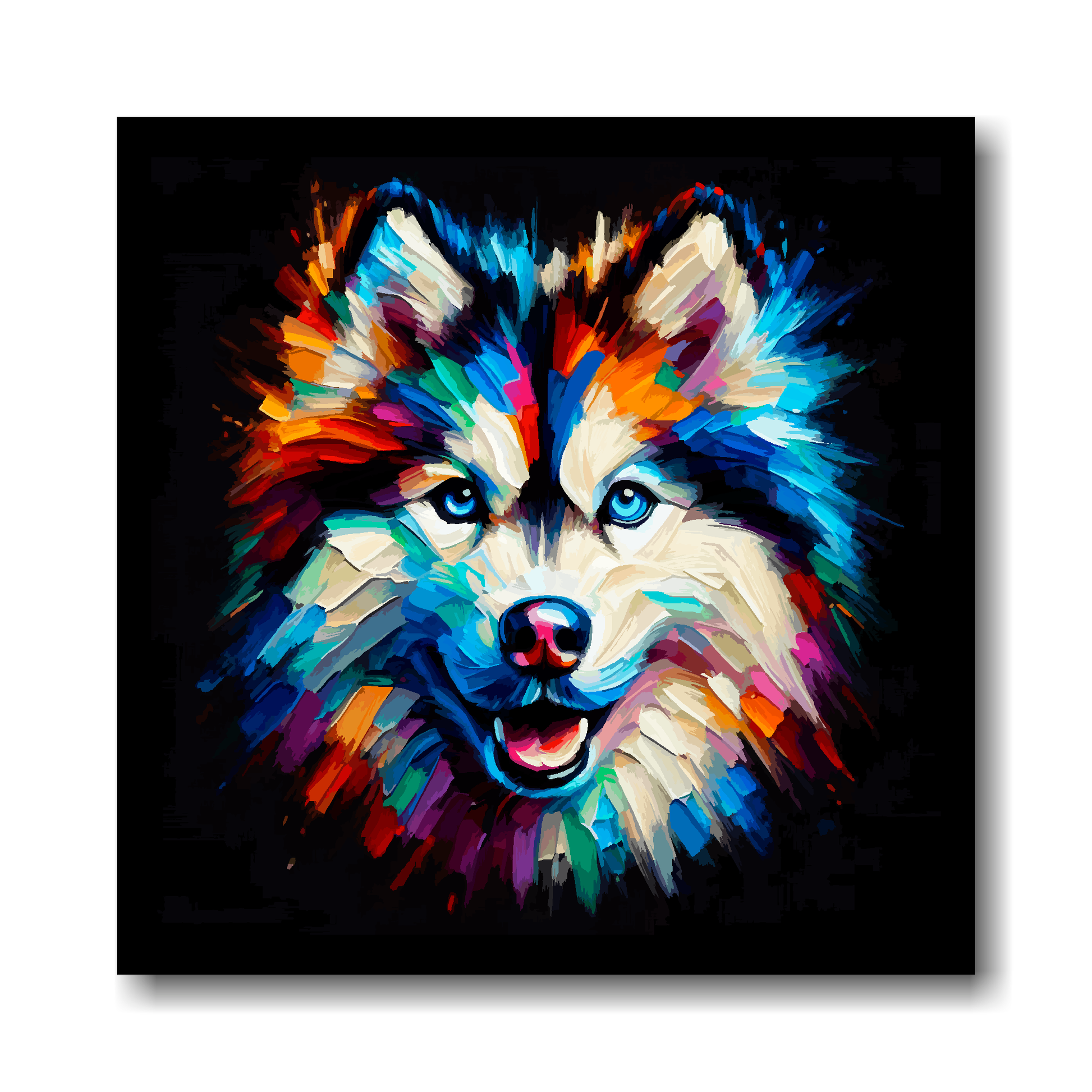 Colourful Alaskan Husky painting on a black background.