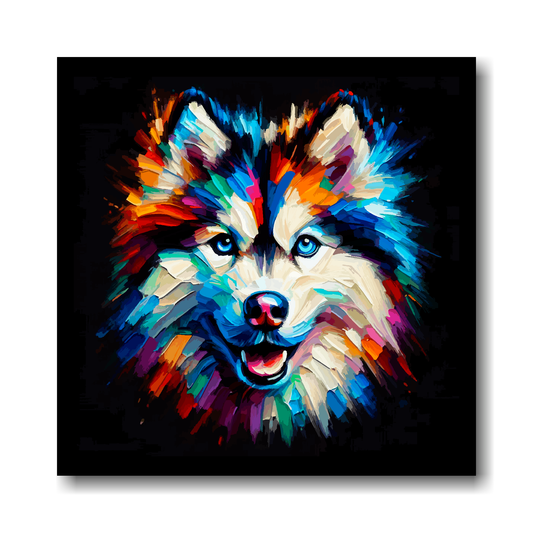 Colourful Alaskan Husky painting on a black background.