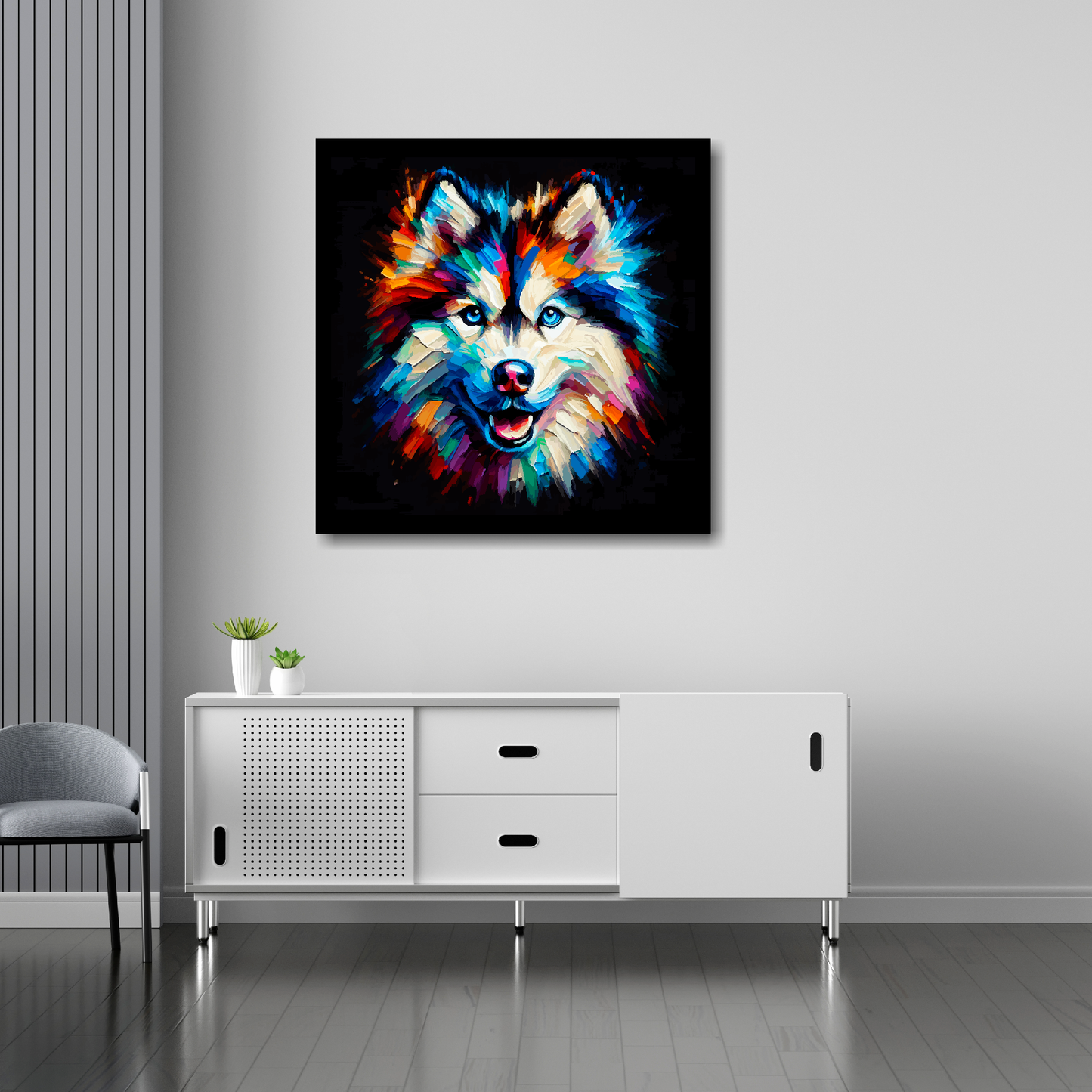 30 inch by 30 inch square canvas featuring a multi-coloured Alaskan Husky dog portrait. Mounted on a white wall above a white sideboard.