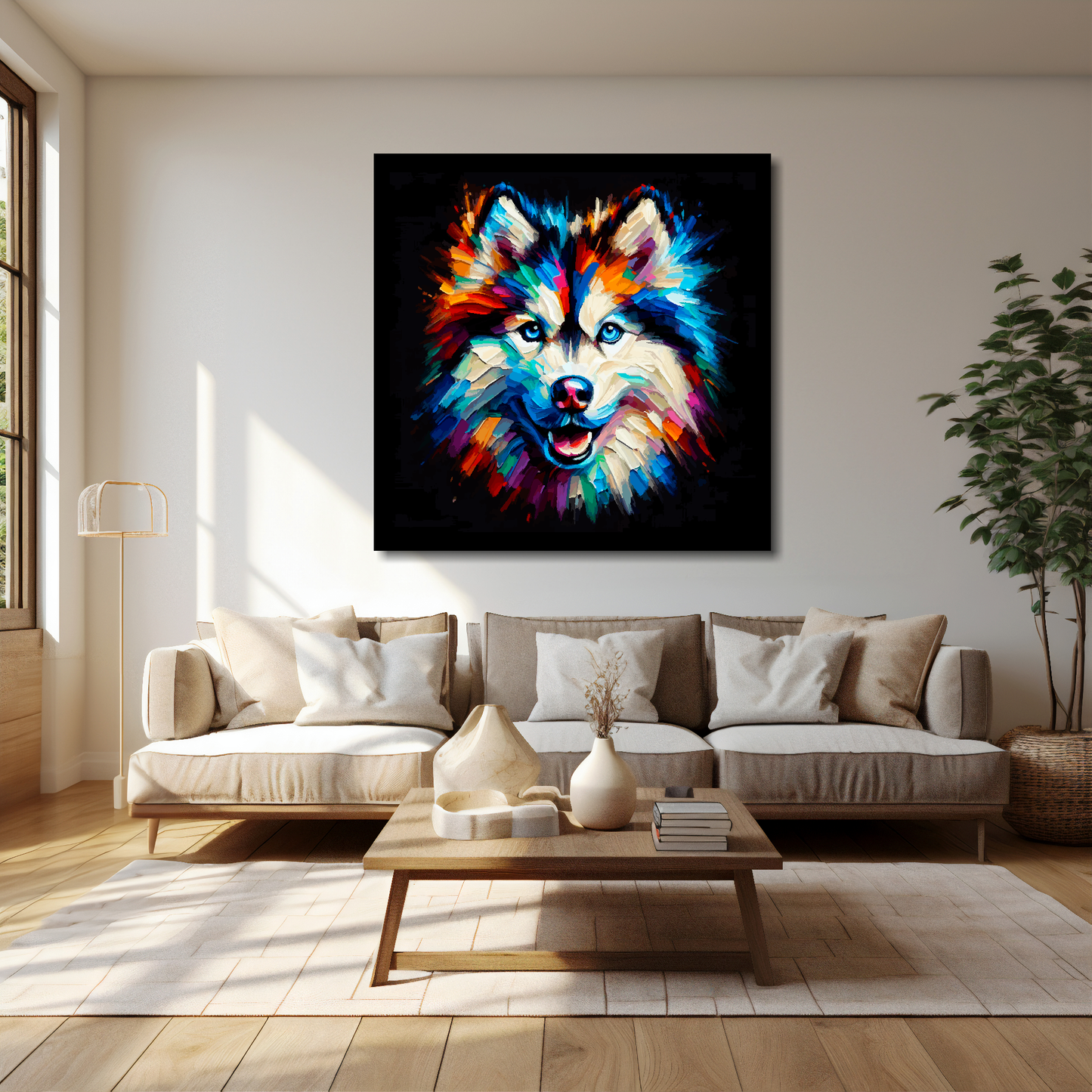 40 inch by 40 inch square canvas featuring a multi-coloured Alaskan Husky dog portrait. Mounted on a cream wall above a cream sofa with decorative pillows.
