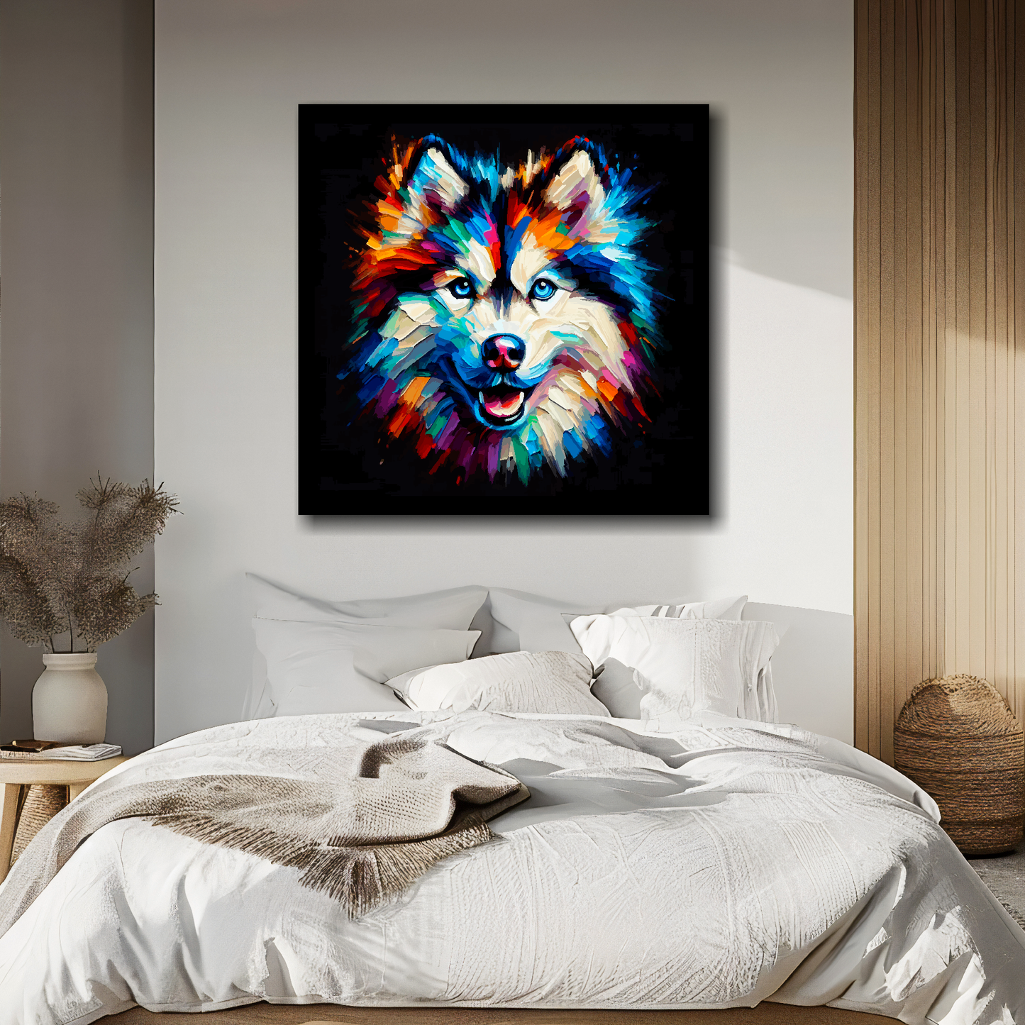 Large canvas featuring a multi-coloured Alaskan Husky dog portrait. Mounted on a white wall above a double bed.