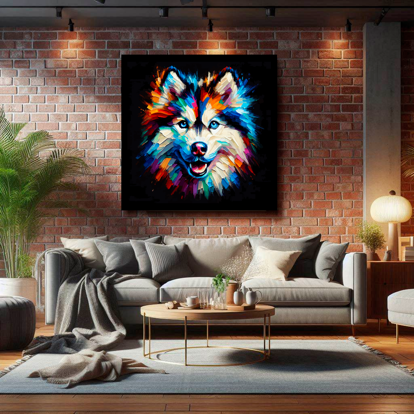 Huge canvas featuring a multi-coloured Alaskan Husky dog portrait. Mounted on a brick wall above a grey sofa with decorative pillows.