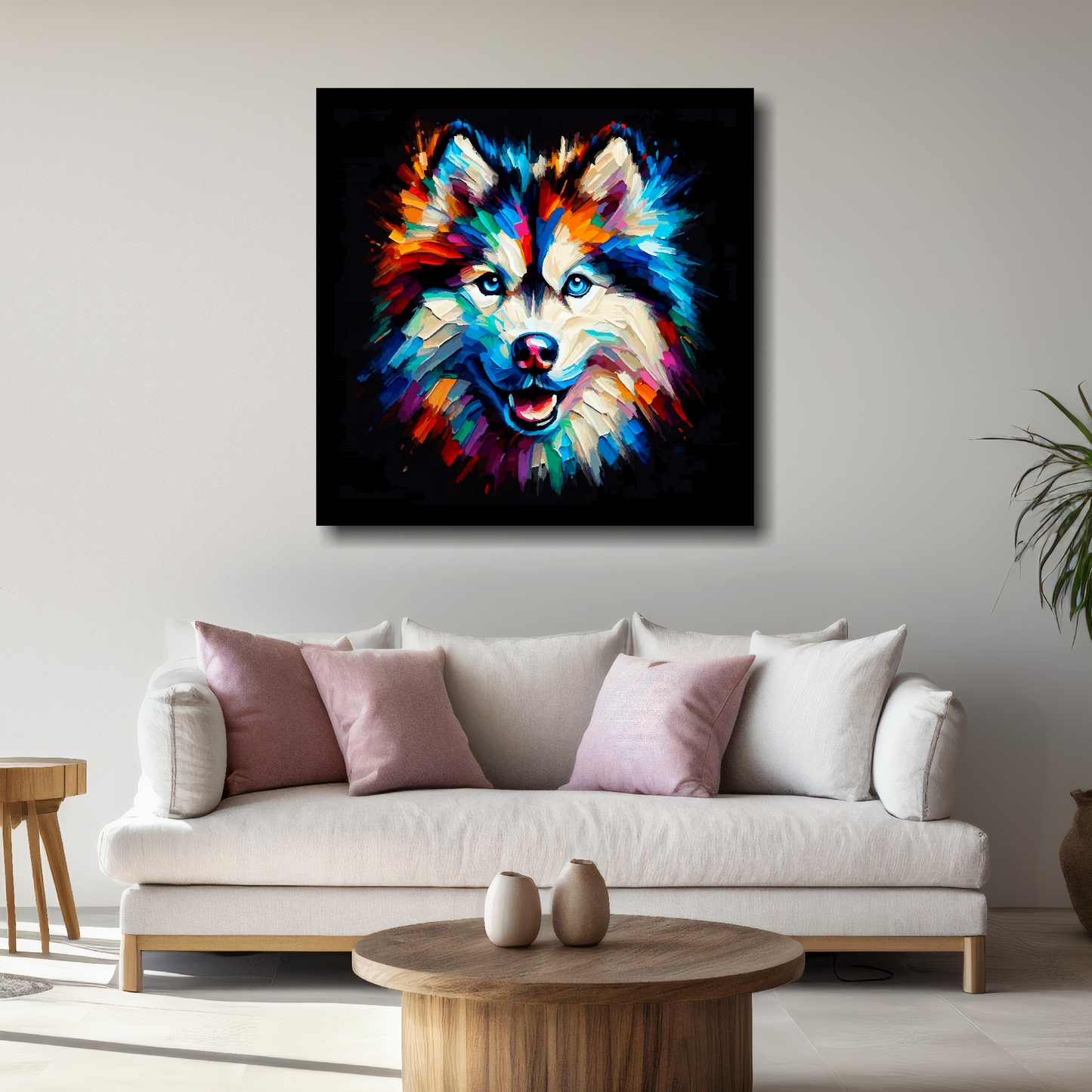 Large canvas featuring a multi-coloured Alaskan Husky dog portrait. Mounted on a white wall above a white sofa with decorative pillows.