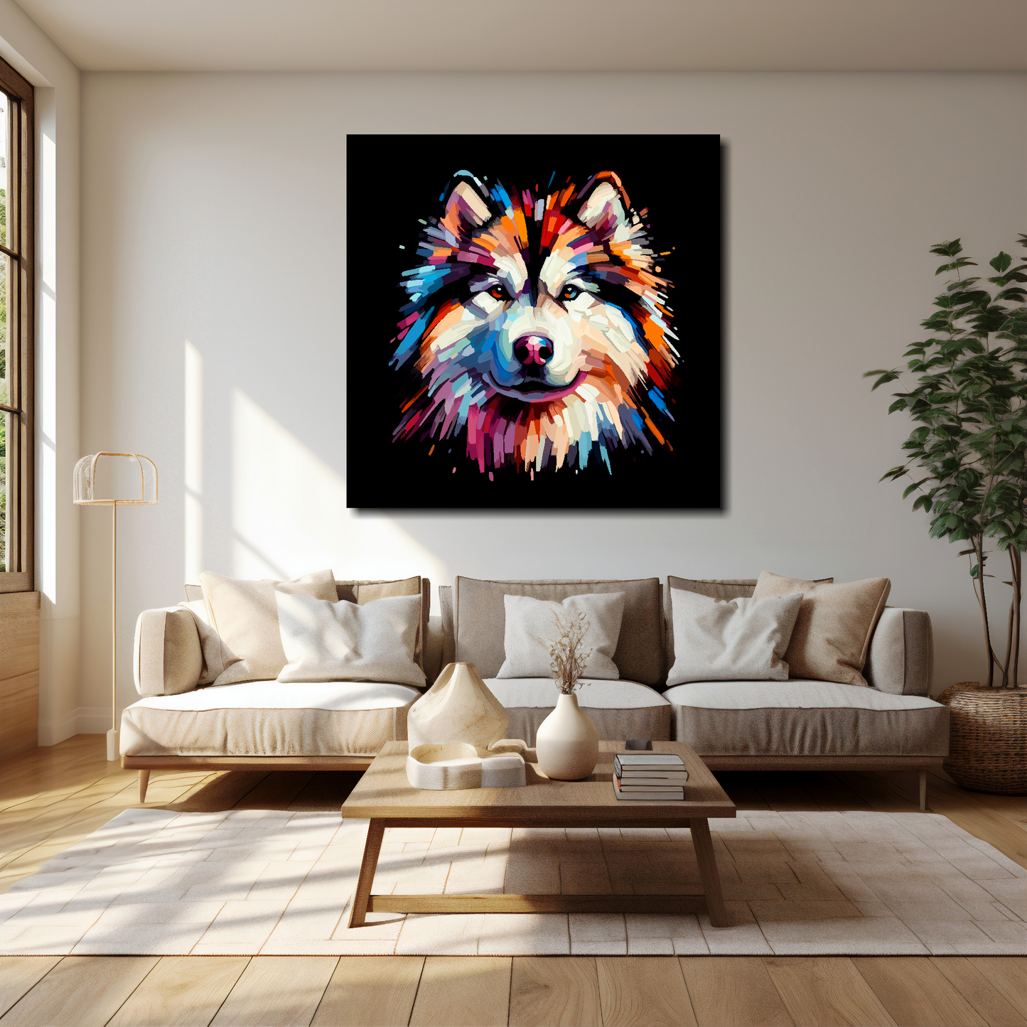 40 inch by 40 inch square canvas of a colourful Alaskan Malamute head portrait on a black background. Mounted on a white wall above a cream sofa with decorative pillows.