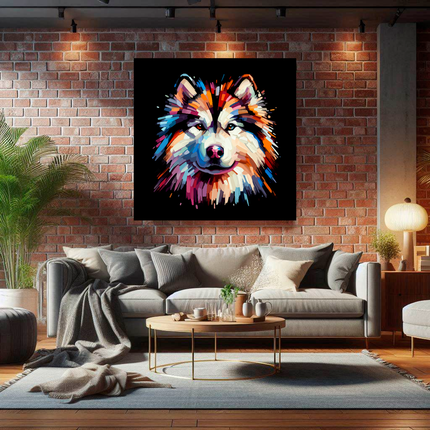 Large canvas wall art - A vibrant multi-coloured head portrait of a Alaskan Malamute. Available in 3 large sizes.