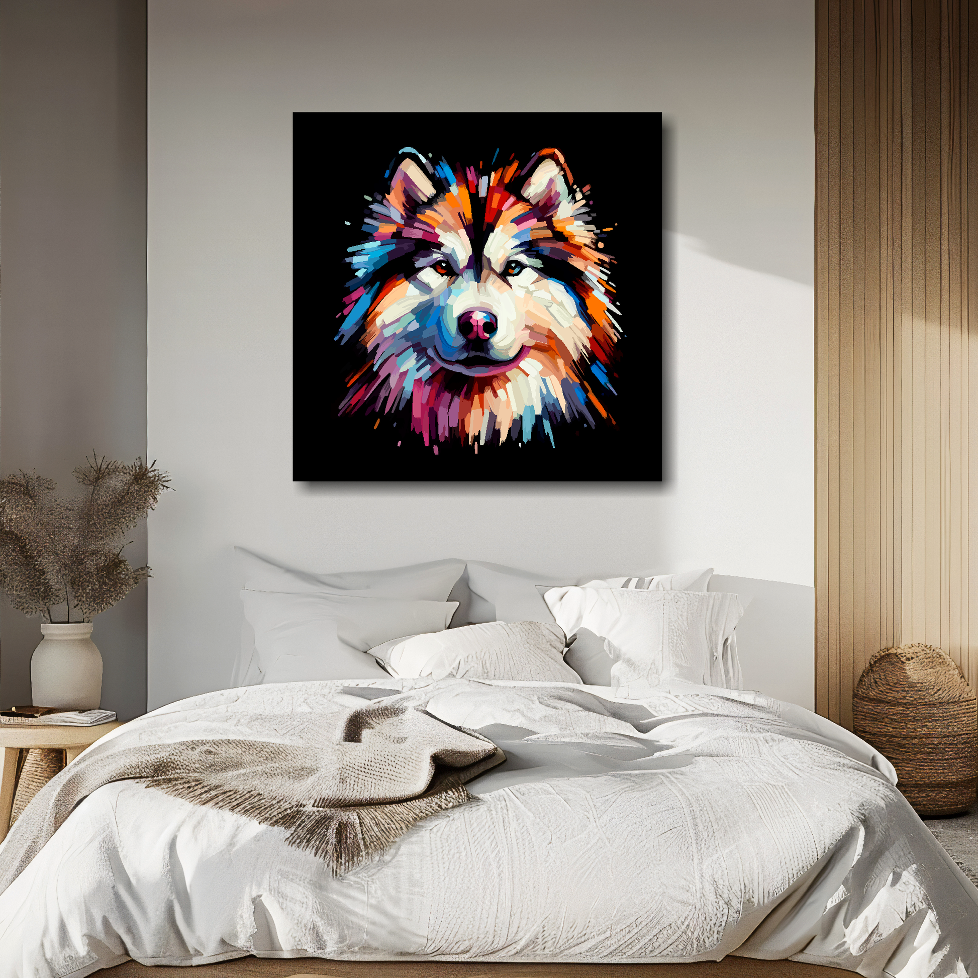 Large canvas wall art - A vibrant multi-coloured head portrait of a Alaskan Malamute. Available in 3 large sizes.