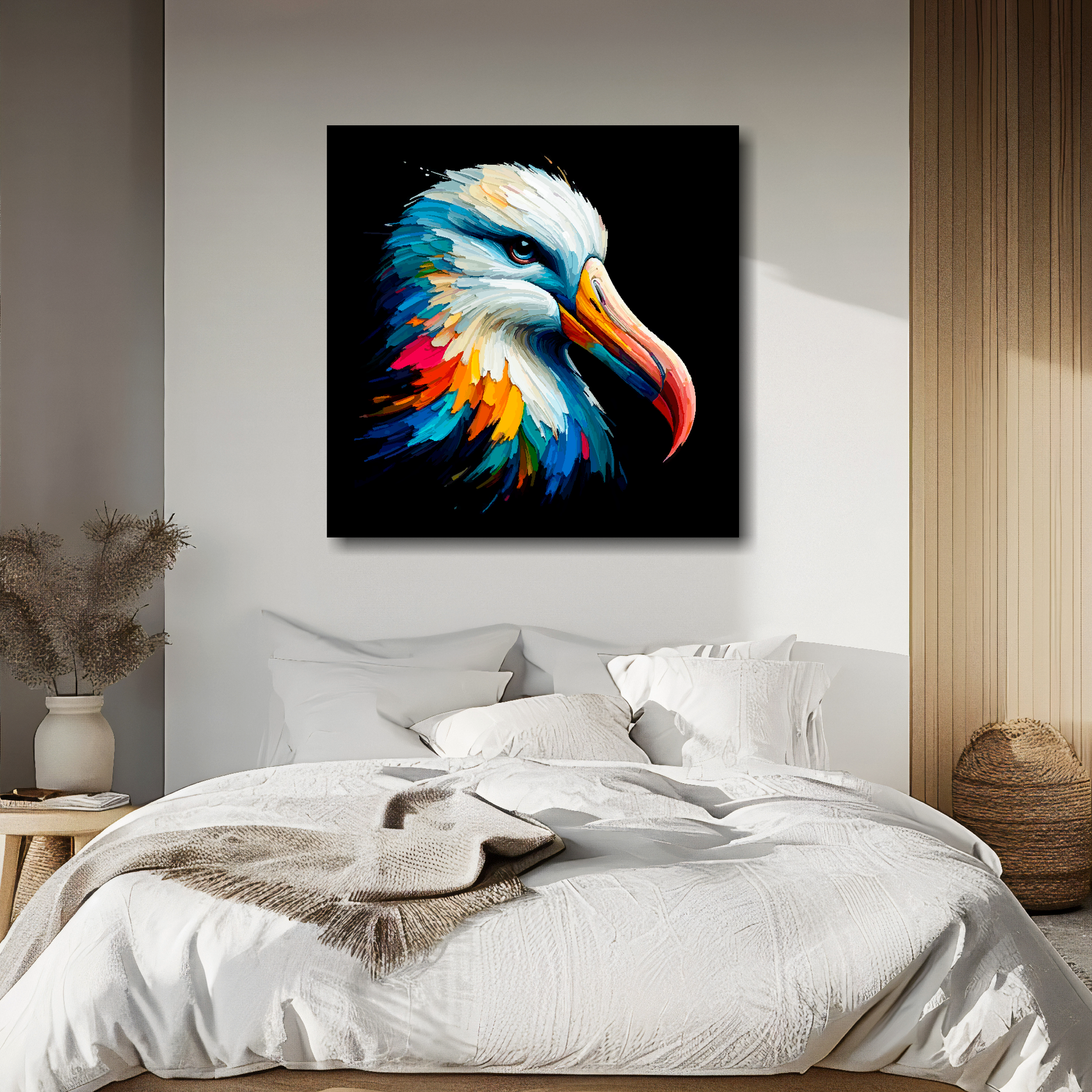 Albatross portrait canvas above bed - colourful bird wall decor for UK bedrooms