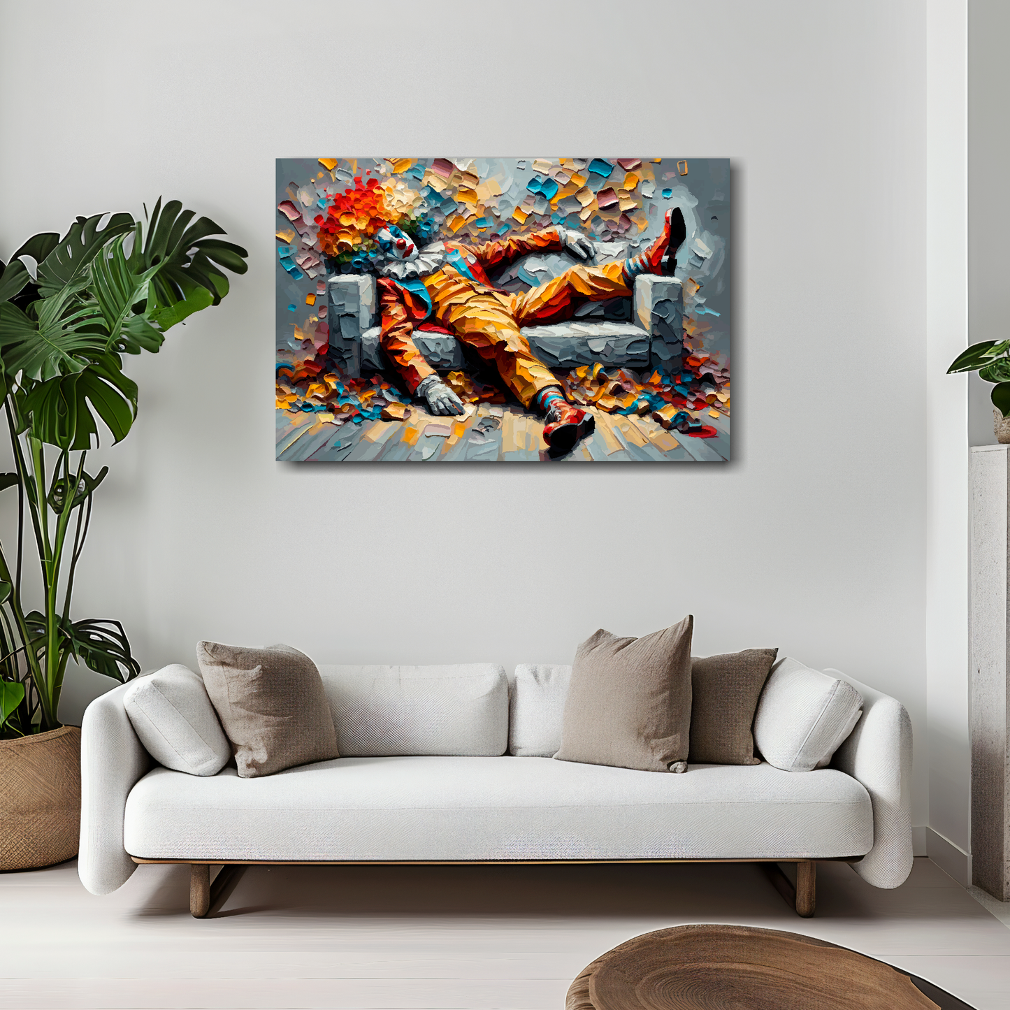 30 inch by 20 inch abstract canvas print of a colourful clown laying on a sofa. Mounted on a white wall above a white sofa with decorative pillows.