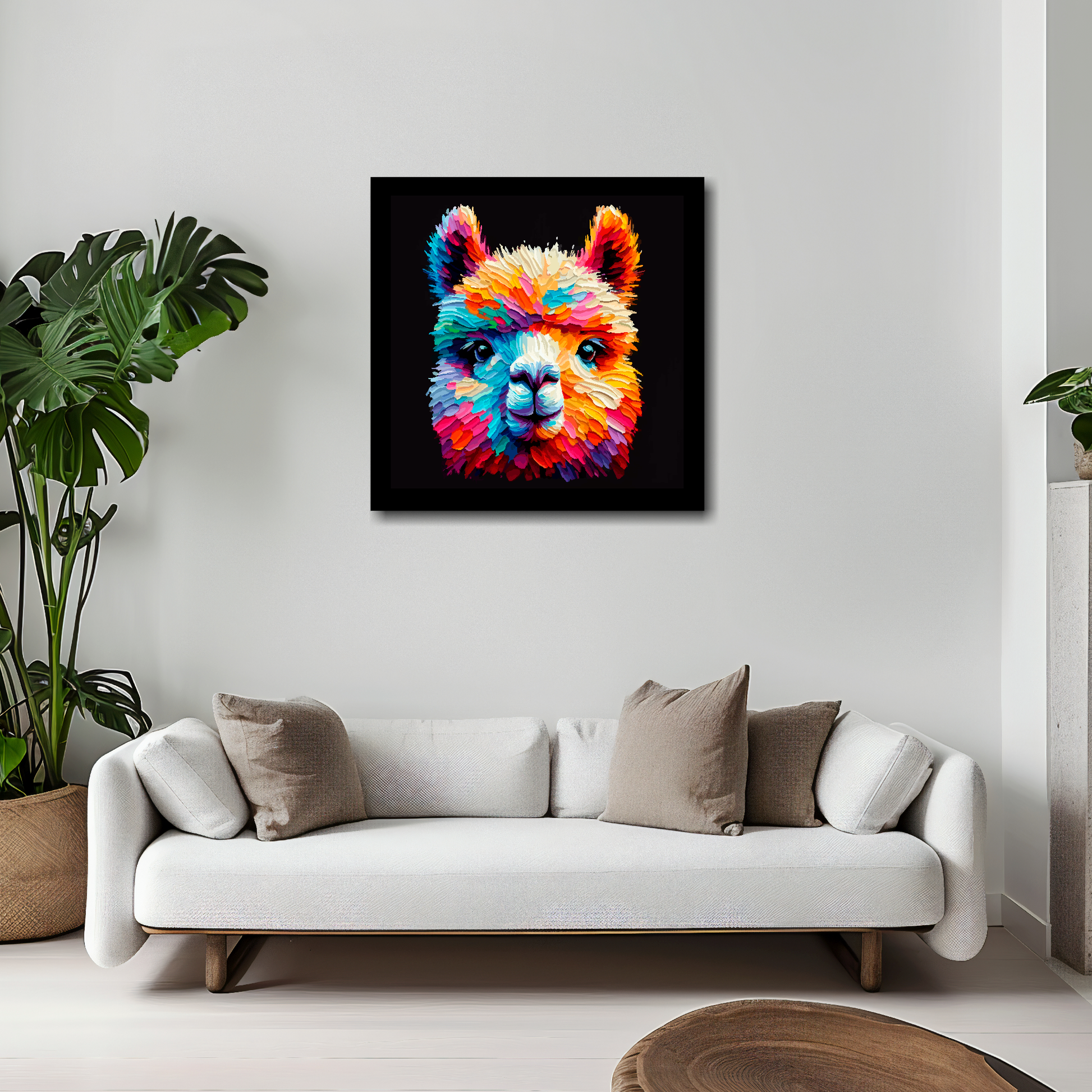 20 inch by 20 inch square canvas of a colourful Alpaca portrait on a black background. Mounted on a white wall above a white sofa with decorative pillows.