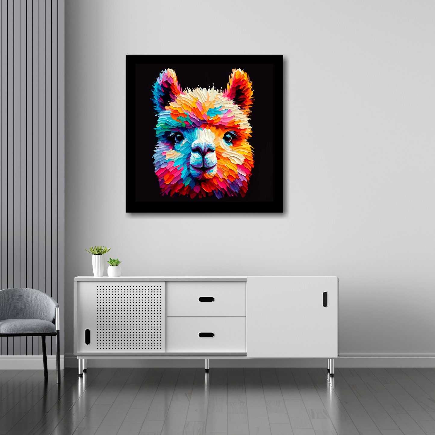 30 inch by 30 inch square canvas of a colourful Alpaca portrait on a black background. Mounted on a white wall above a white sideboard.