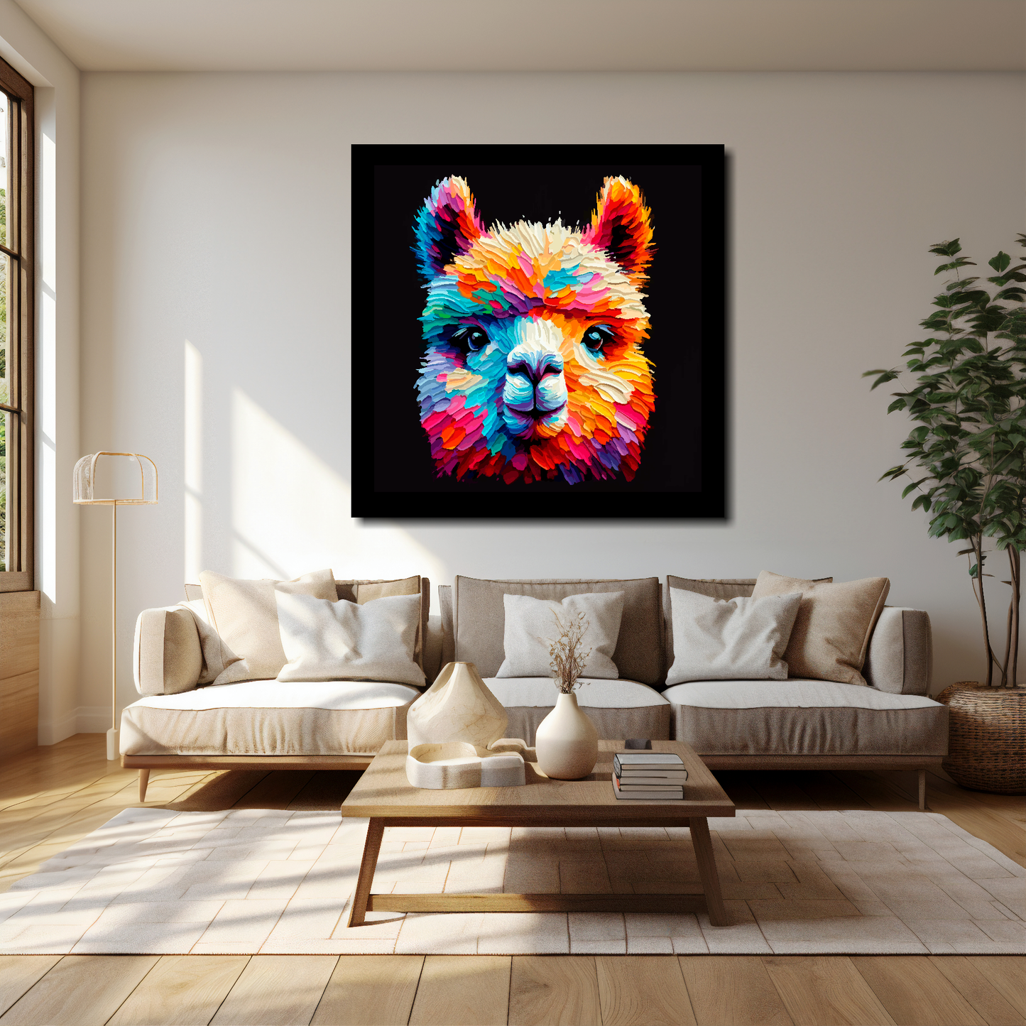 40 inch by 40 inch square canvas of a colourful Alpaca portrait on a black background. Mounted on a white wall above a cream sofa with decorative pillows.