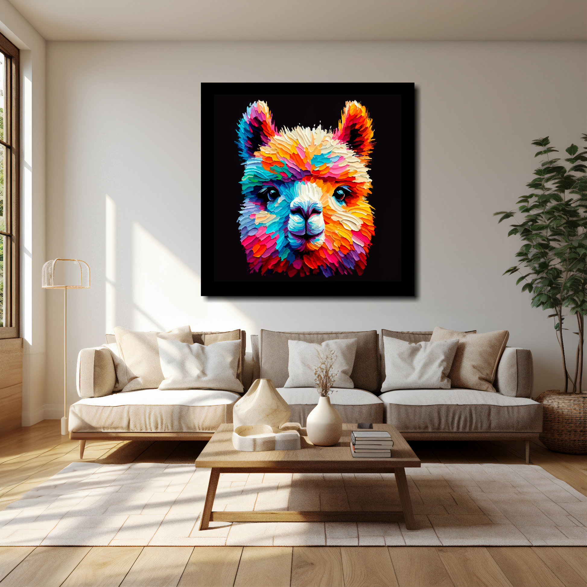 Alpaca canvas 40x40 inches above cream sofa - XL vibrant farm animal wall art UK