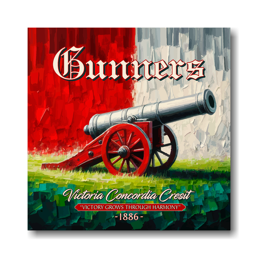 Arsenal inspired canvas wall art. A large cannon centred on a red and white backround. The word Gunners above, Victoria Concordia Cresit, 'Victory Grows Through Harmony' 1886 text below.