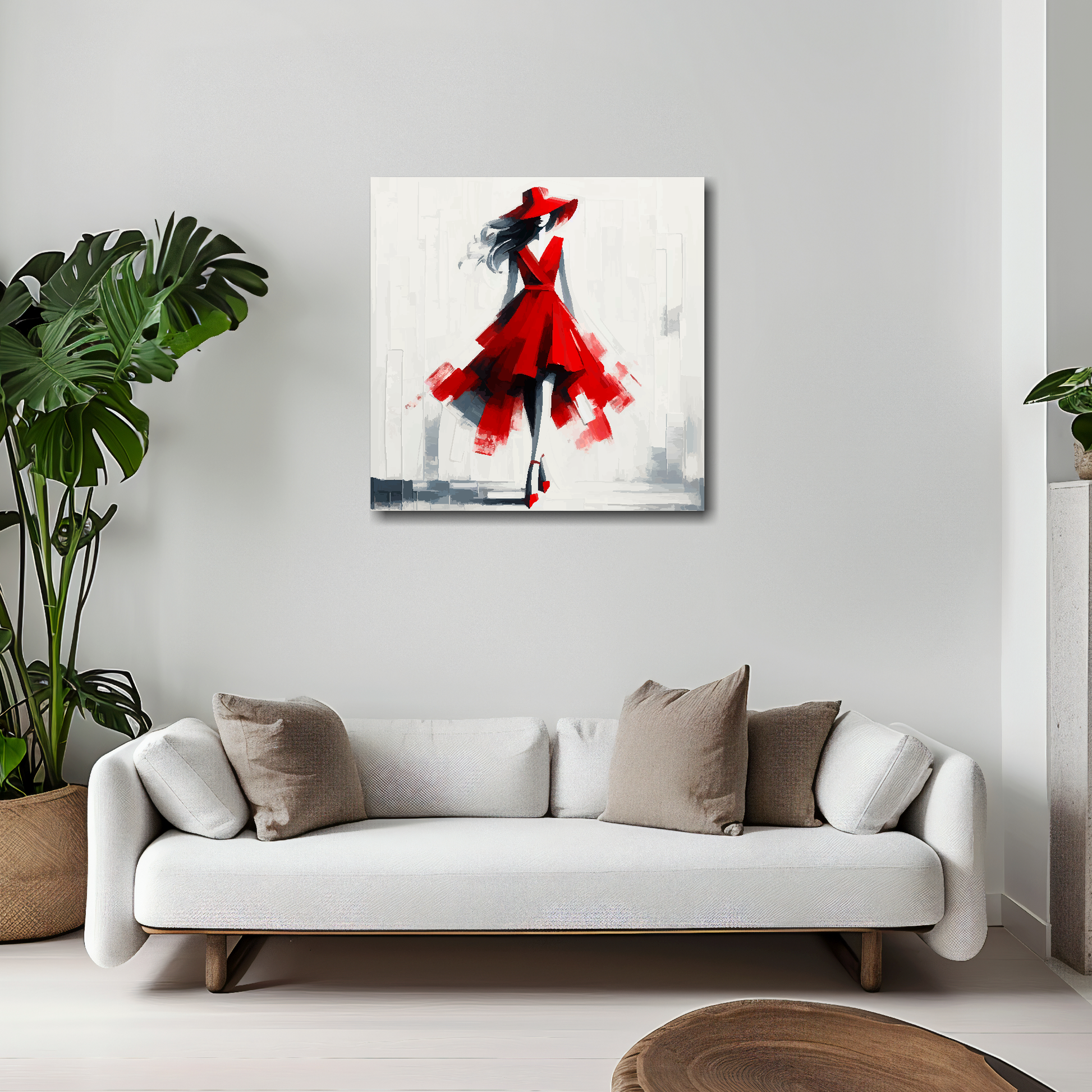 20 inch by 20 inch square canvas featuring a red Ascot fashion dress. Mounted on a white wall above a white sofa with decorative pillows.