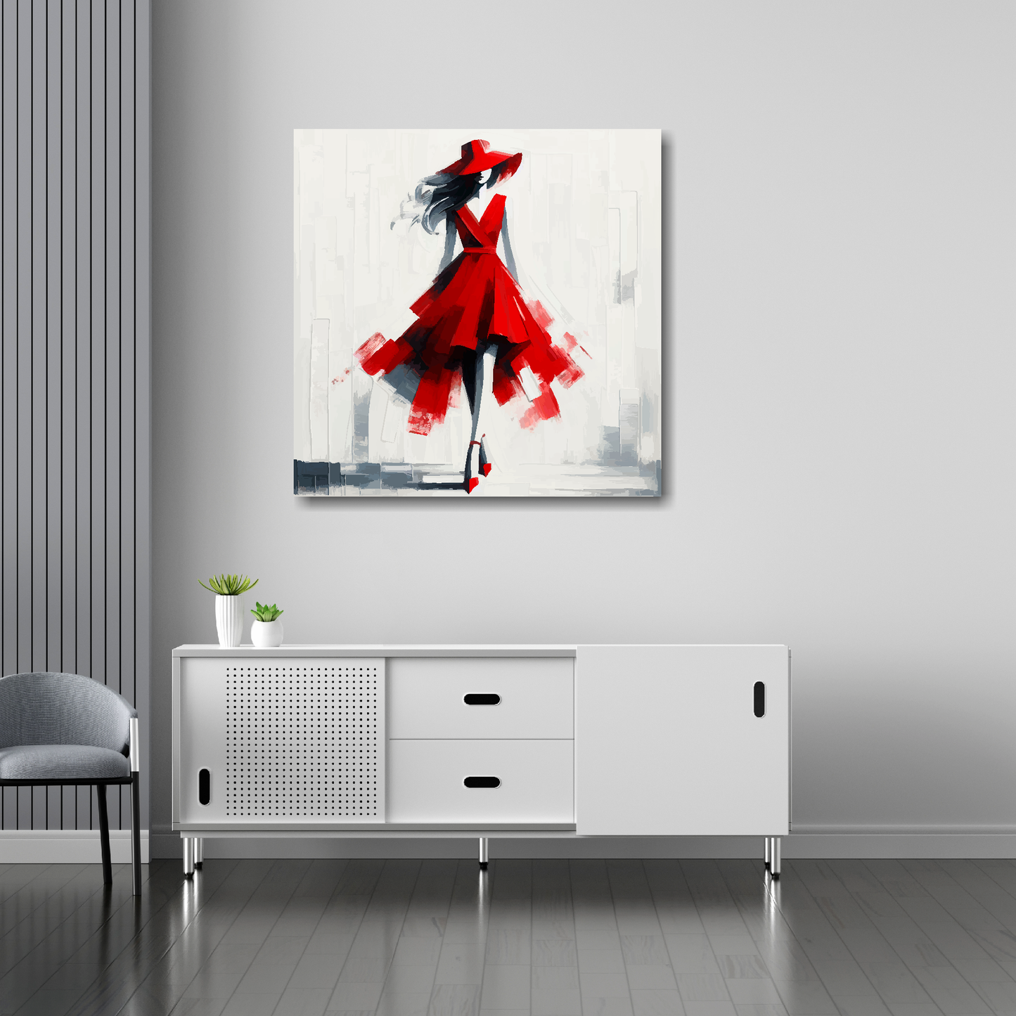 30 inch by 30 inch square canvas featuring a red Ascot fashion dress. Mounted on a white wall above a white sideboard.