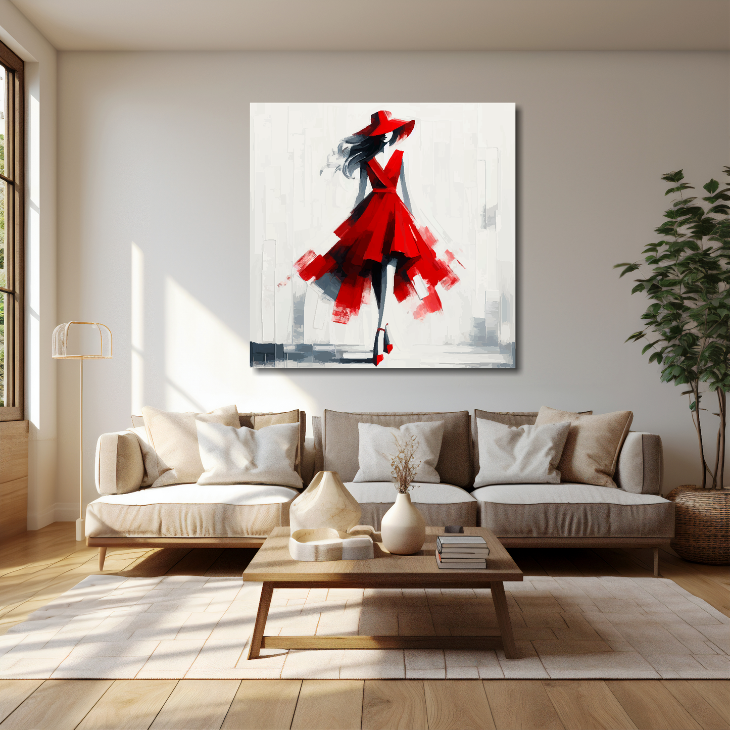 40 inch by 40 inch square canvas featuring a red Ascot fashion dress. Mounted on a cream wall above a cream sofa with decorative pillows.