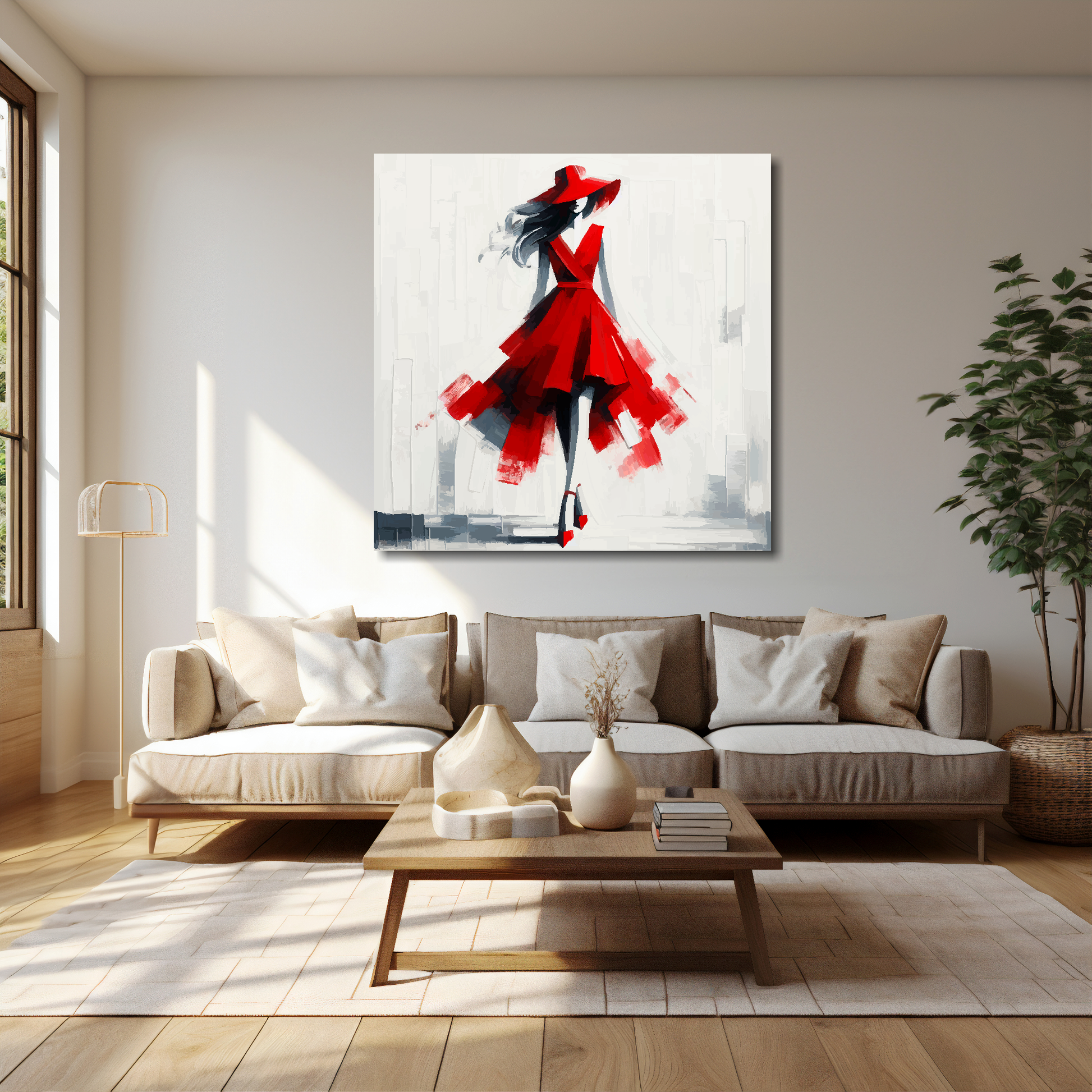 Ascot red canvas 40x40 inches above cream sofa - XL vibrant fashion wall art UK