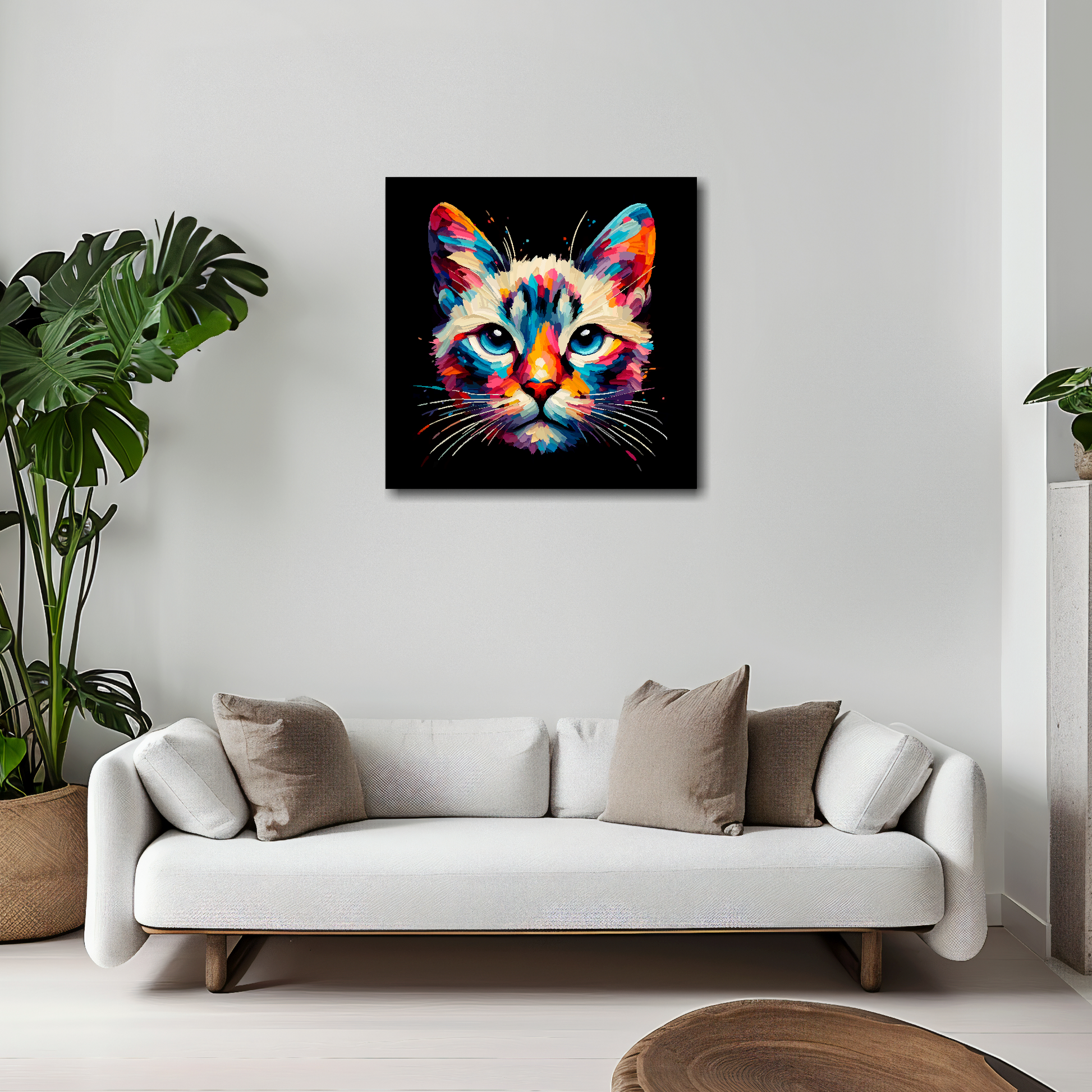 20 inch by 20 inch square canvas of a colourful Asian cat head portrait on a black background. Mounted on a white wall above a white sofa with decorative pillows.