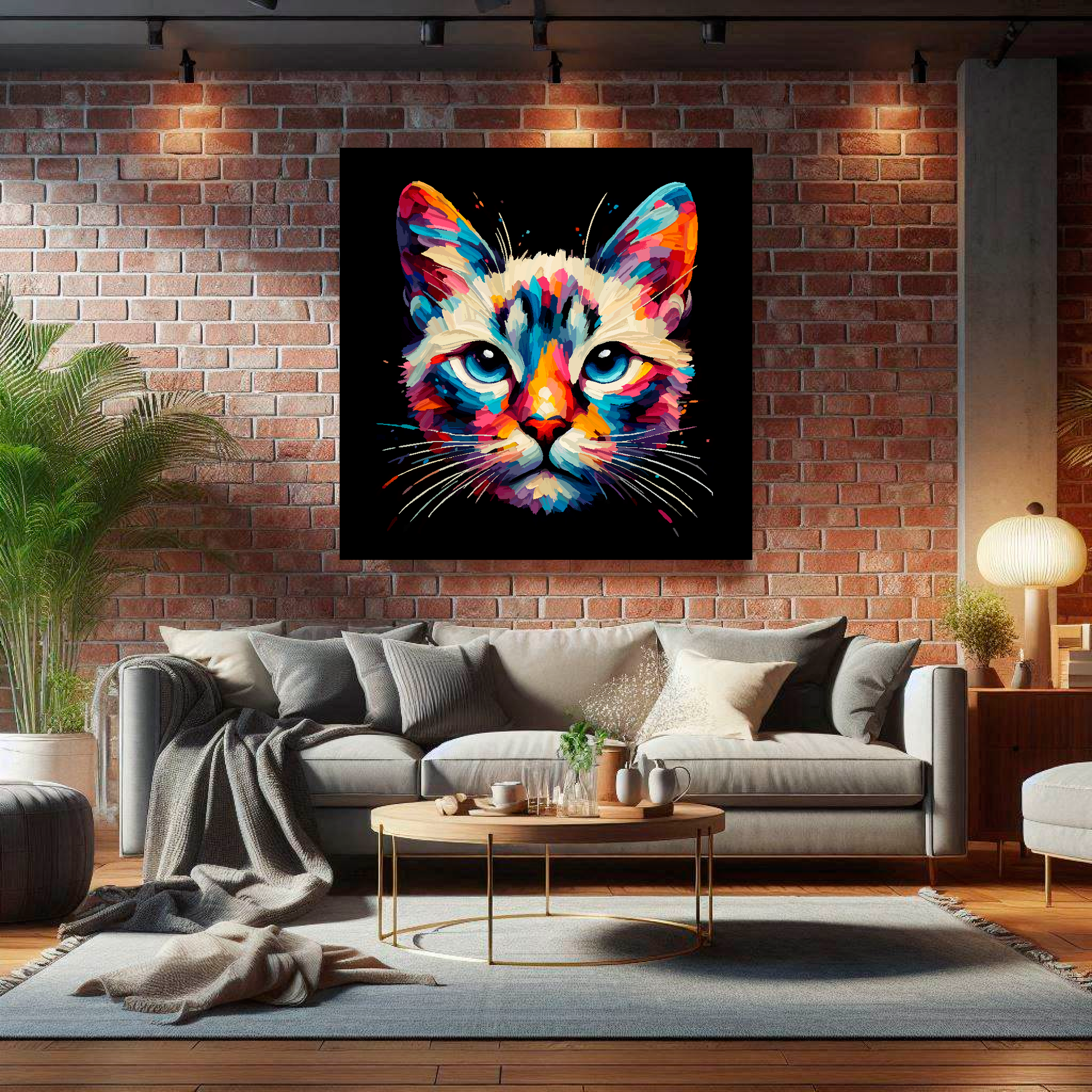Large canvas wall art - A vibrant multi-coloured head portrait of a Asian Cat. Available in 3 large sizes.
