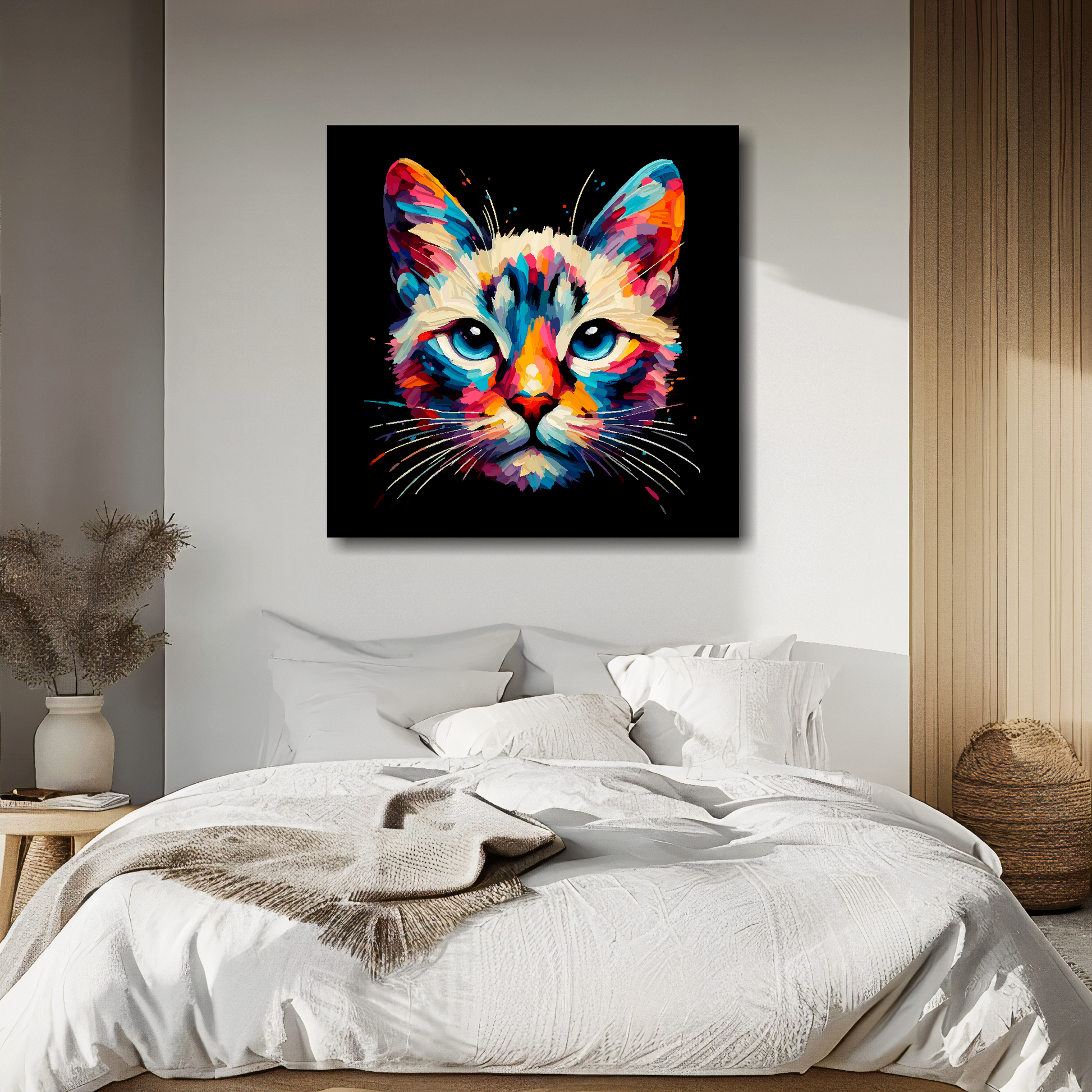 Large canvas wall art - A vibrant multi-coloured head portrait of a Asian Cat. Available in 3 large sizes.