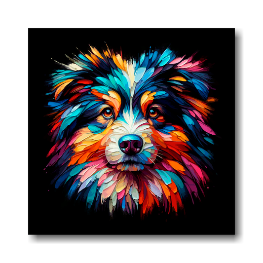 Colourful abstract painting of a Austrailian Shepherd dog's face on a black background.