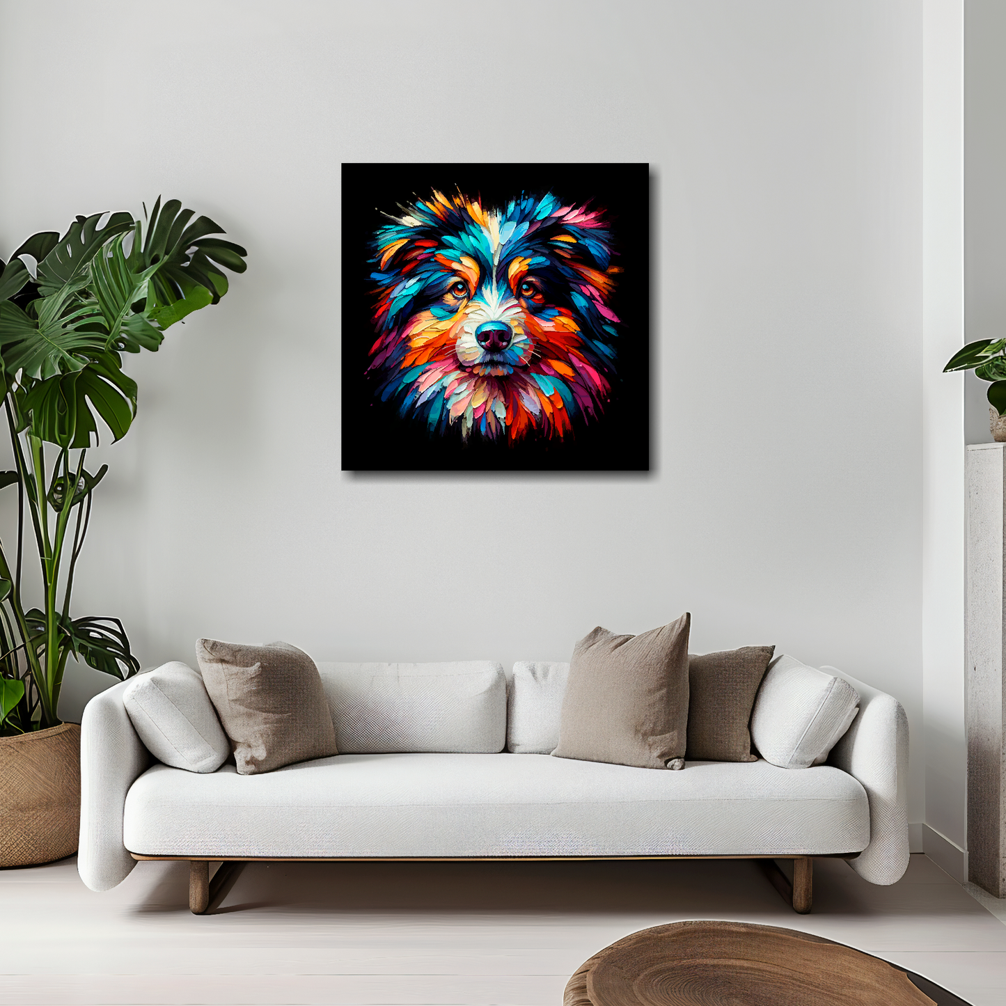20 inch by 20 inch square canvas featuring a multi-coloured Australian Shepherd dog portrait. Mounted on a white wall above a white sofa with decorative pillows.