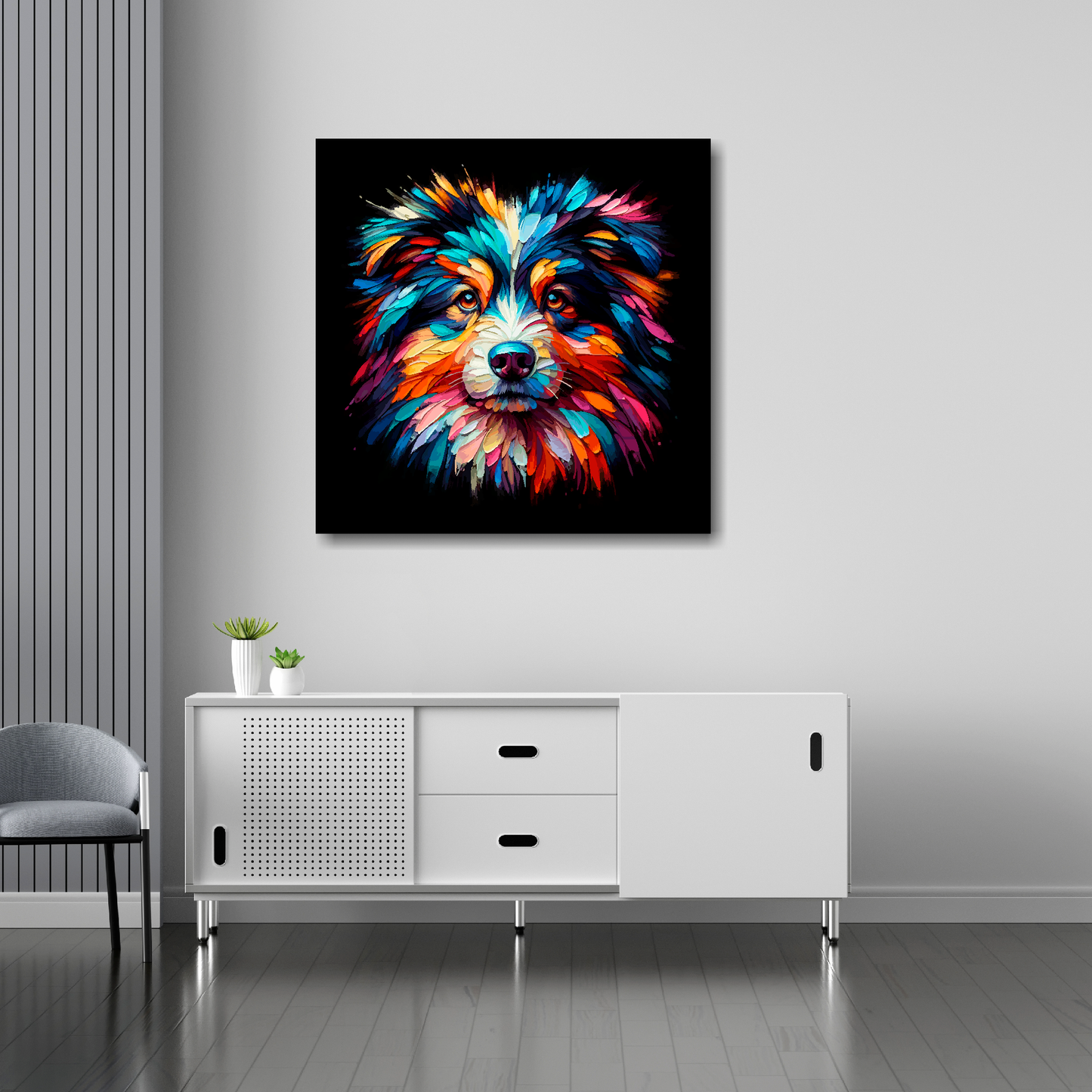 30 inch by 30 inch square canvas featuring a multi-coloured Australian Shepherd dog portrait. Mounted on a white wall above a white sideboard.