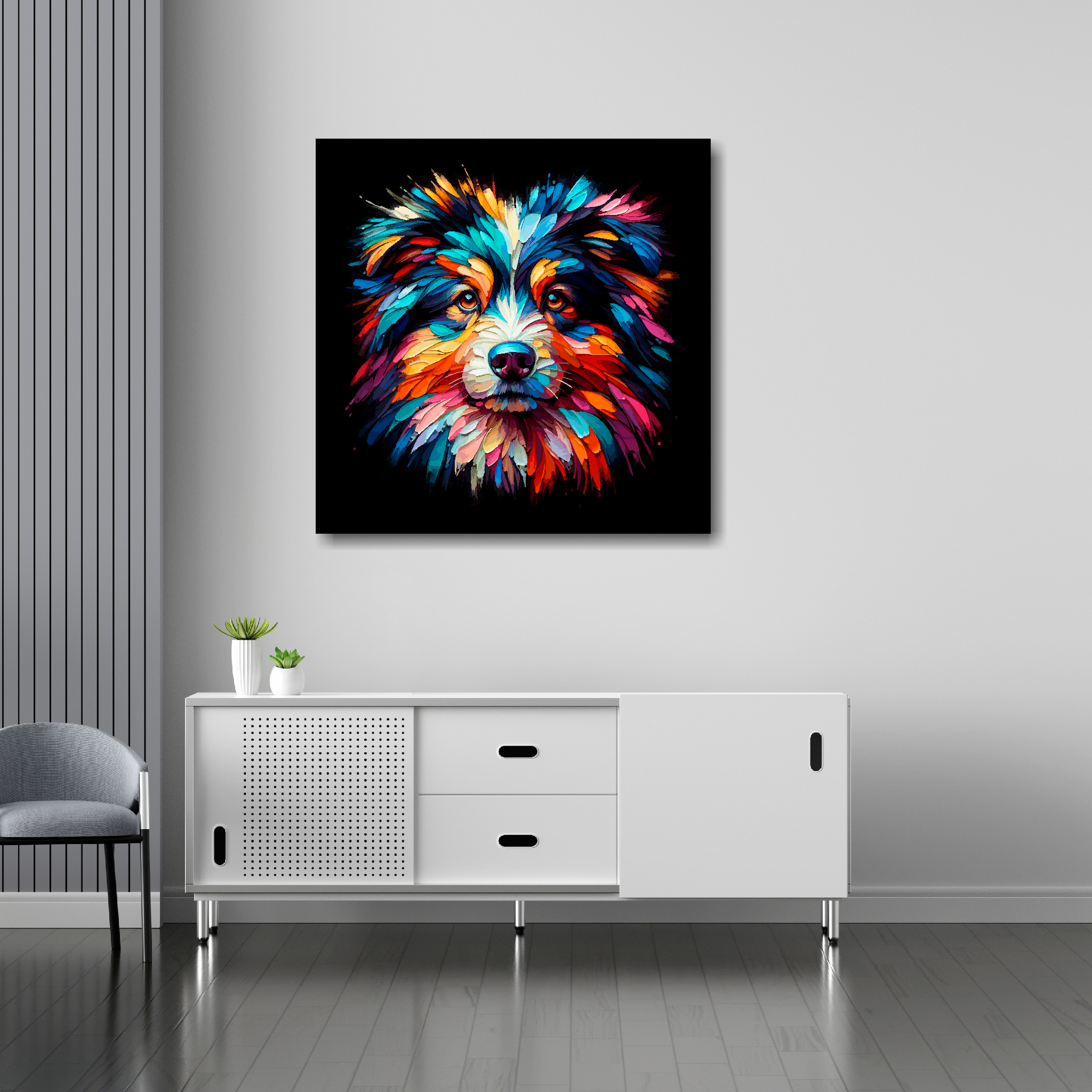 Australian Shepherd canvas 30x30 inches above sideboard - large colourful dog portrait UK made