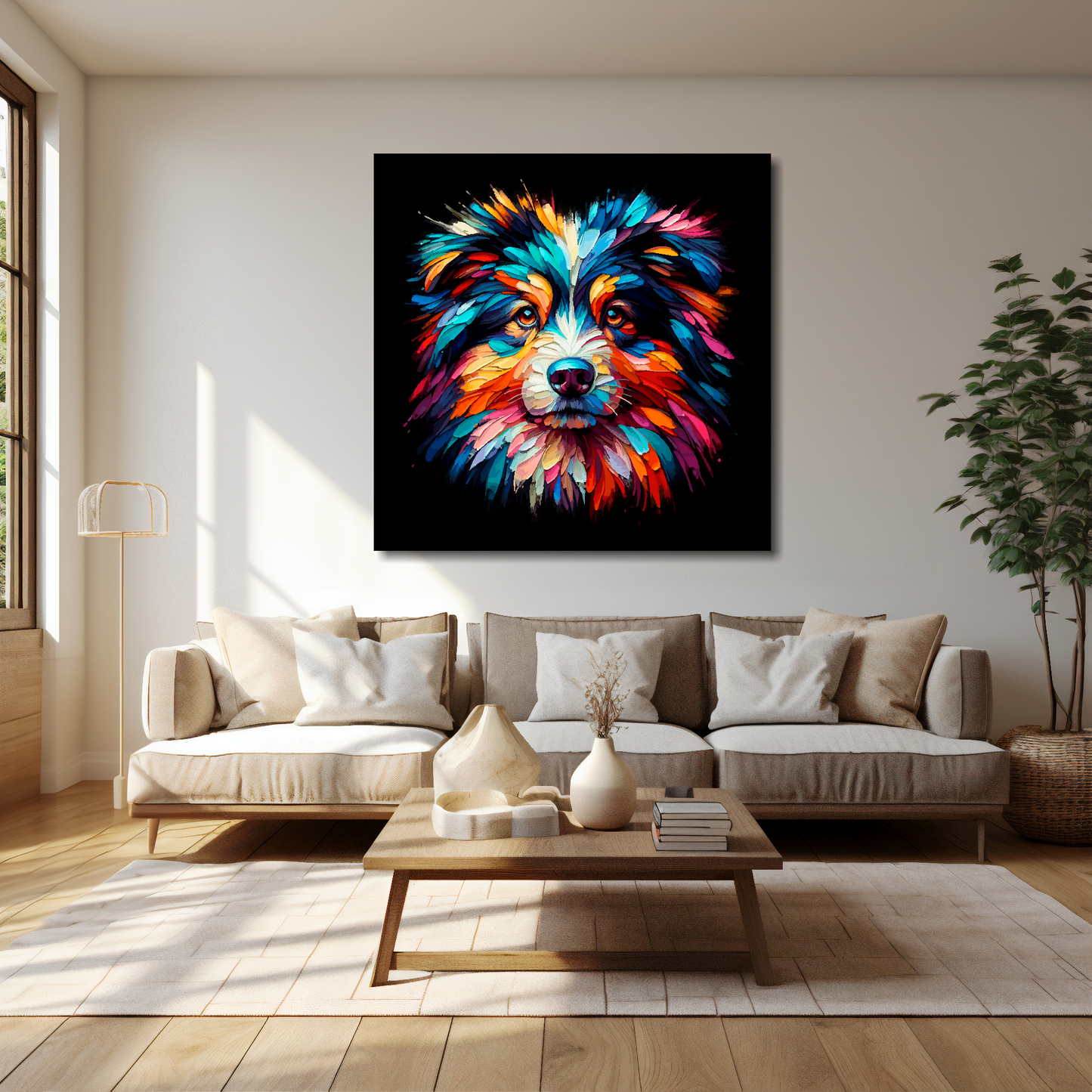 40 inch by 40 inch square canvas featuring a multi-coloured Australian Shepherd dog portrait. Mounted on a cream wall above a cream sofa with decorative pillows.