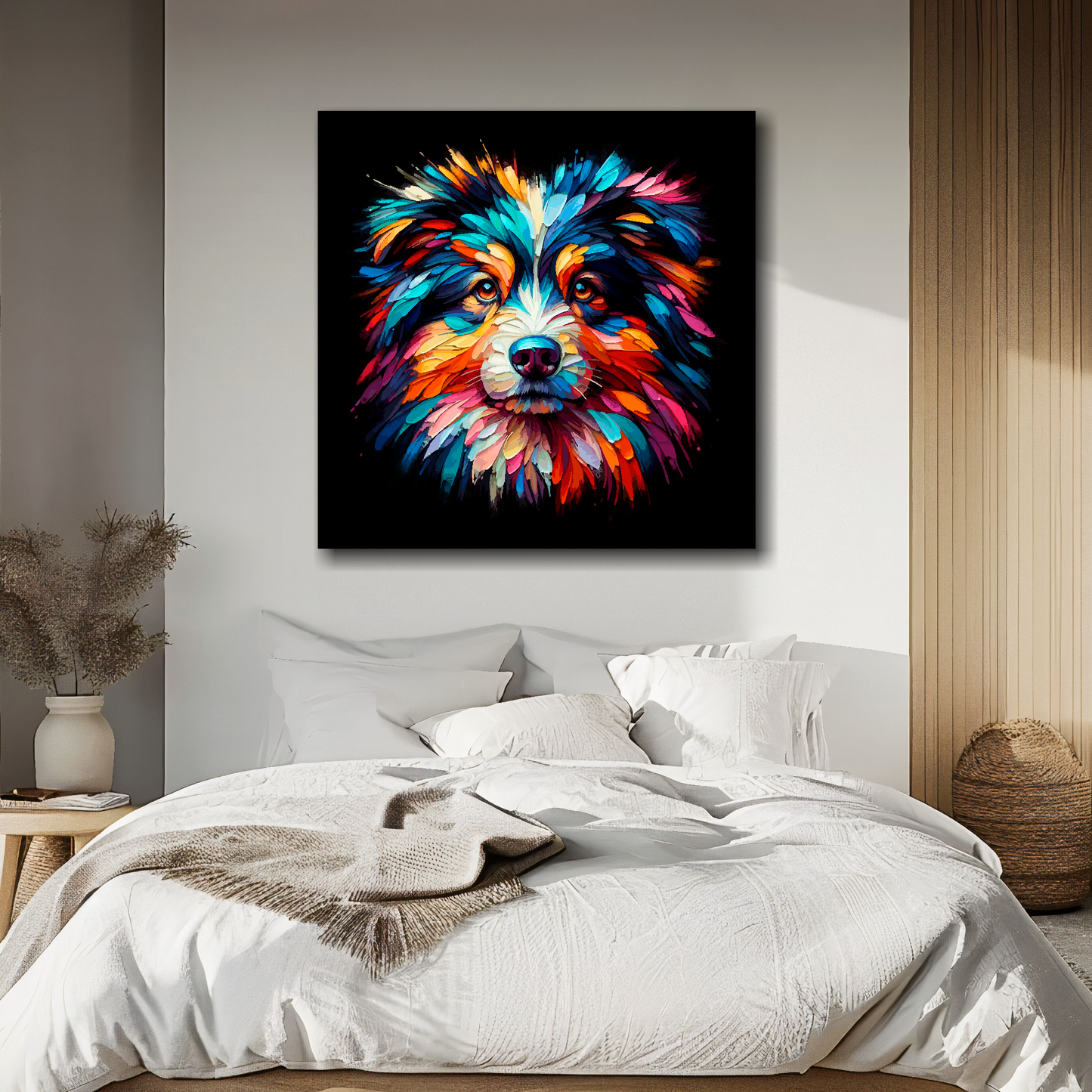 Square canvas featuring a multi-coloured Australian Shepherd dog portrait. Mounted on a white wall above a double bed.