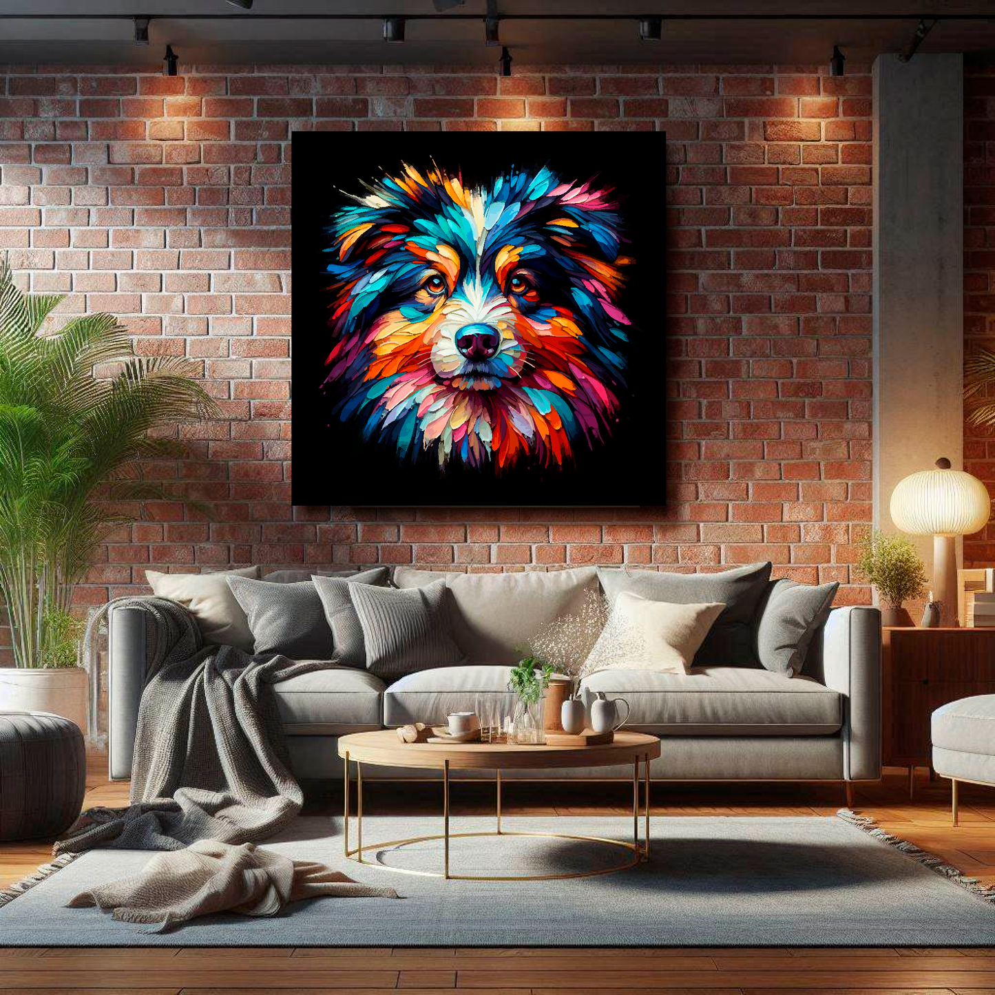 Large canvas featuring a multi-coloured Australian Shepherd dog portrait. Mounted on a brick wall above a grey sofa with decorative pillows.