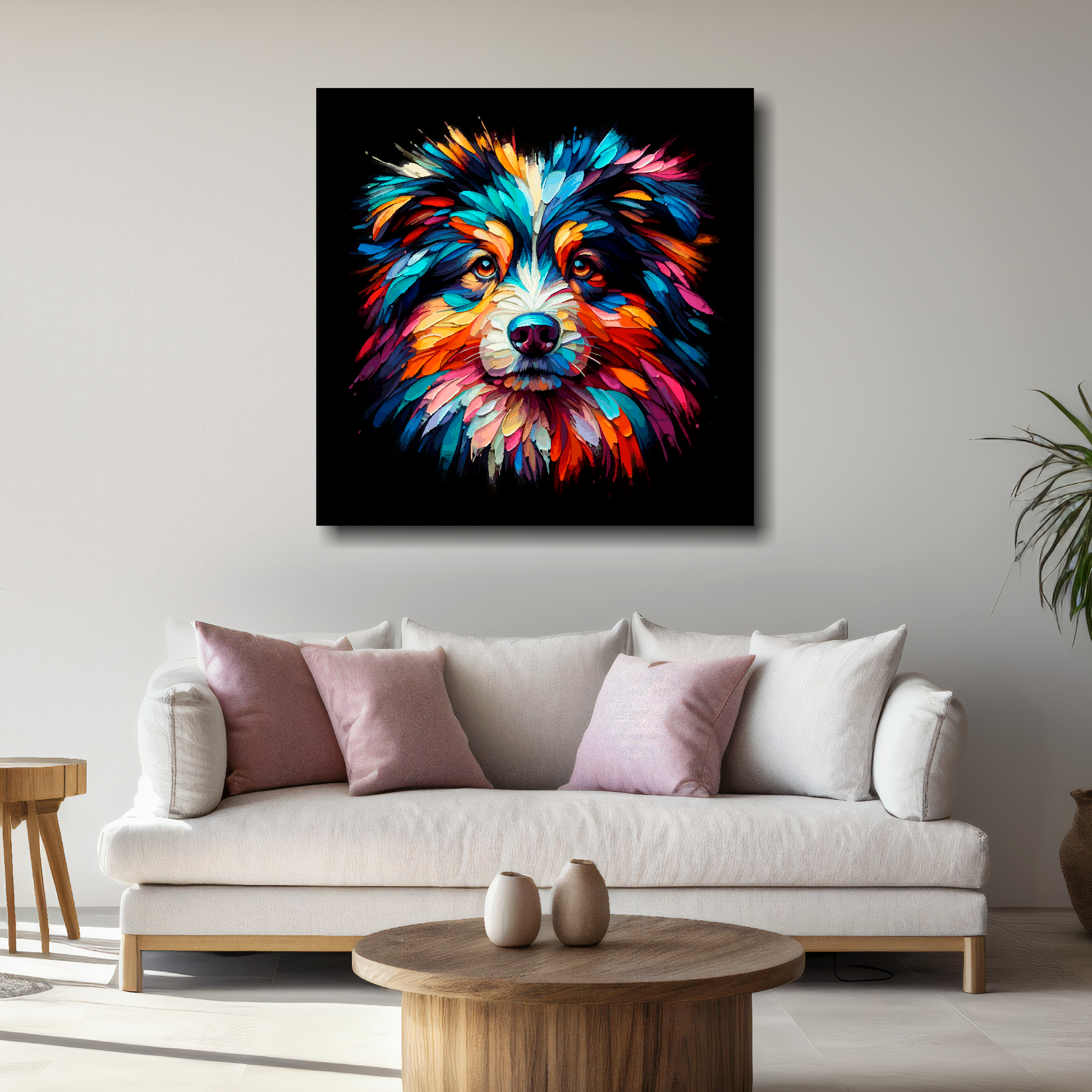 Large canvas featuring a multi-coloured Australian Shepherd dog portrait. Mounted on a white wall above a white sofa with decorative pillows.