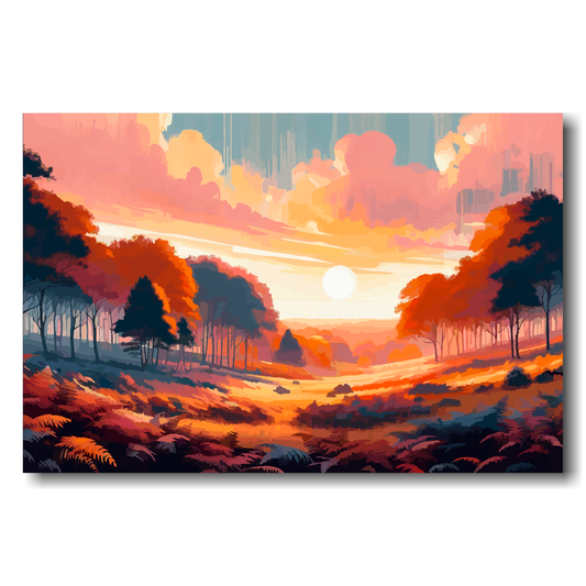 Surreal landscape canvas with trees and a sunrise.