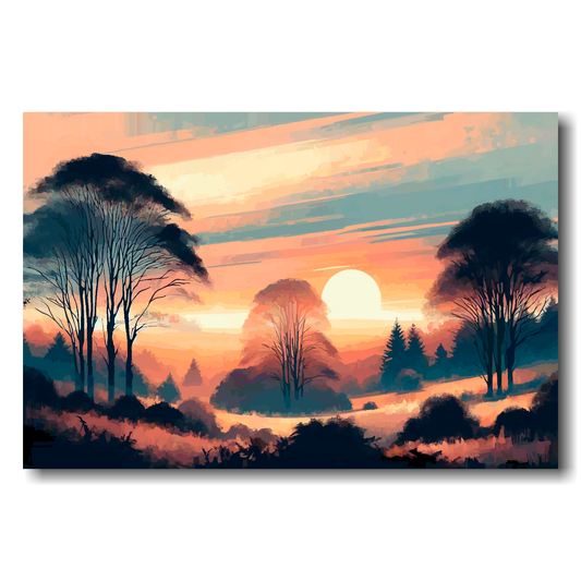 Surreal landscape with trees and a large sun in a pink and blue sky