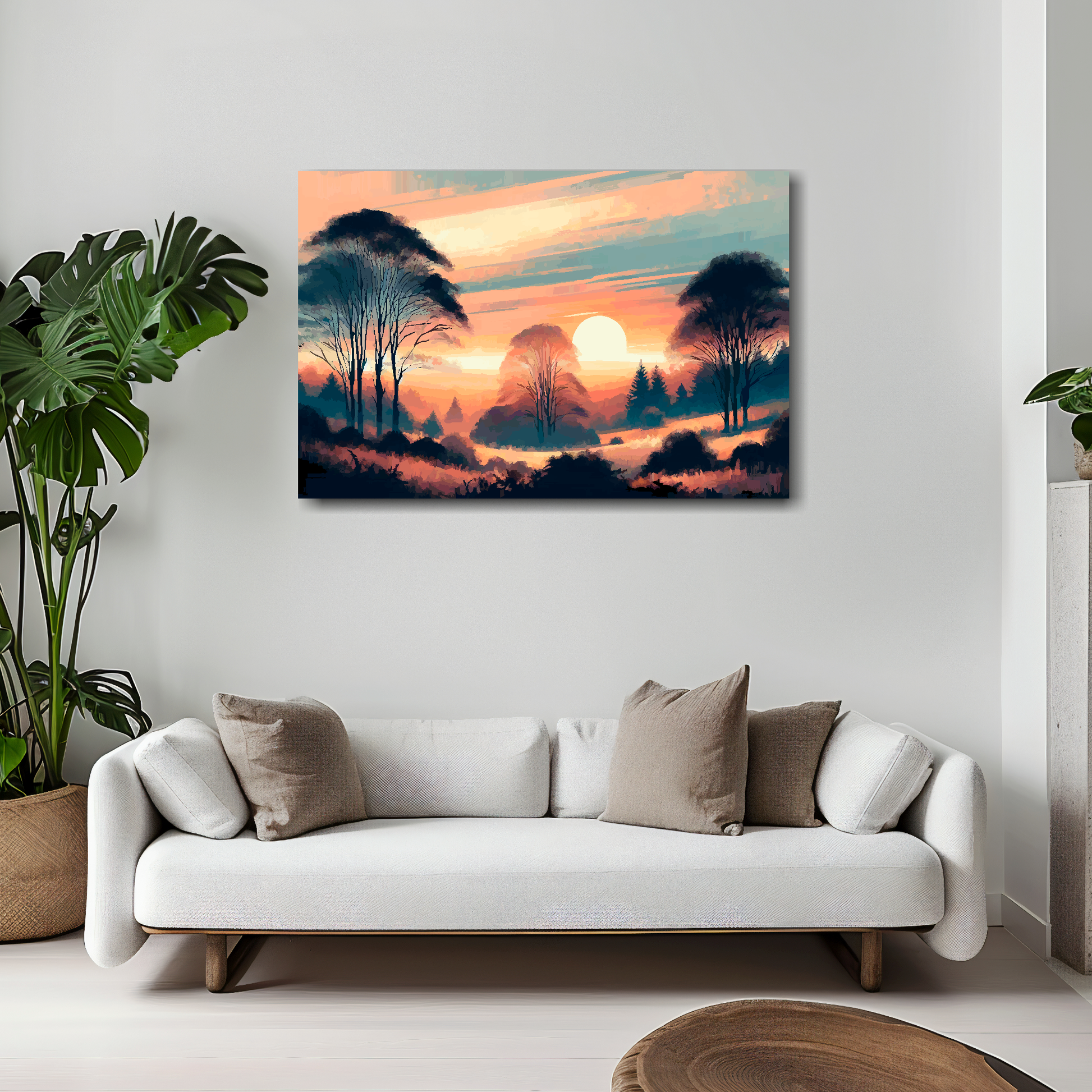 30 inch by 20 inch abstract canvas print of an Autumn sunset. Mounted on a white wall above a white sofa with decorative pillows.