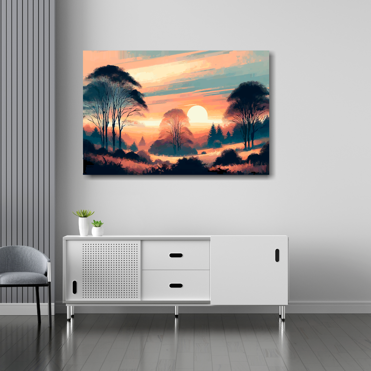 36 inch by 24 inch abstract canvas print of an Autumn sunset. Mounted on a white wall above a white sideboard.