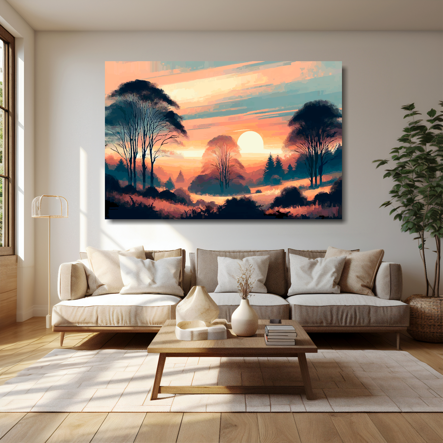 60 inch by 40 inch abstract canvas print of an Autumn sunset. Mounted on a cream wall above a cream sofa with decorative pillows.