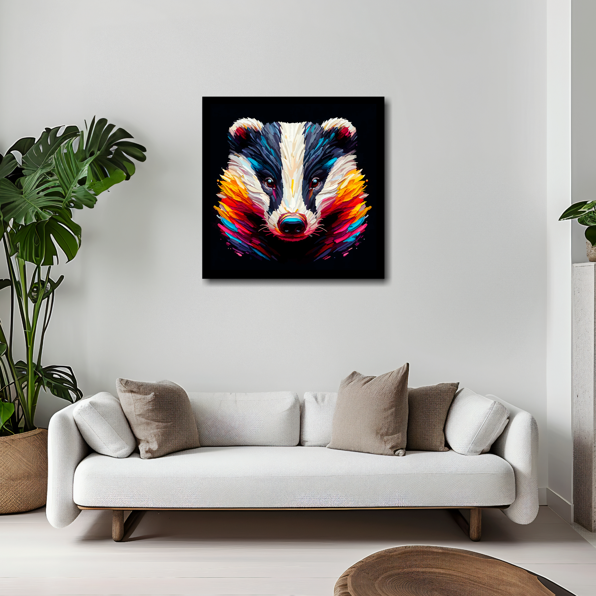 20 inch by 20 inch square canvas of a colourful Badger portrait on a black background. Mounted on a white wall above a white sofa with decorative pillows.