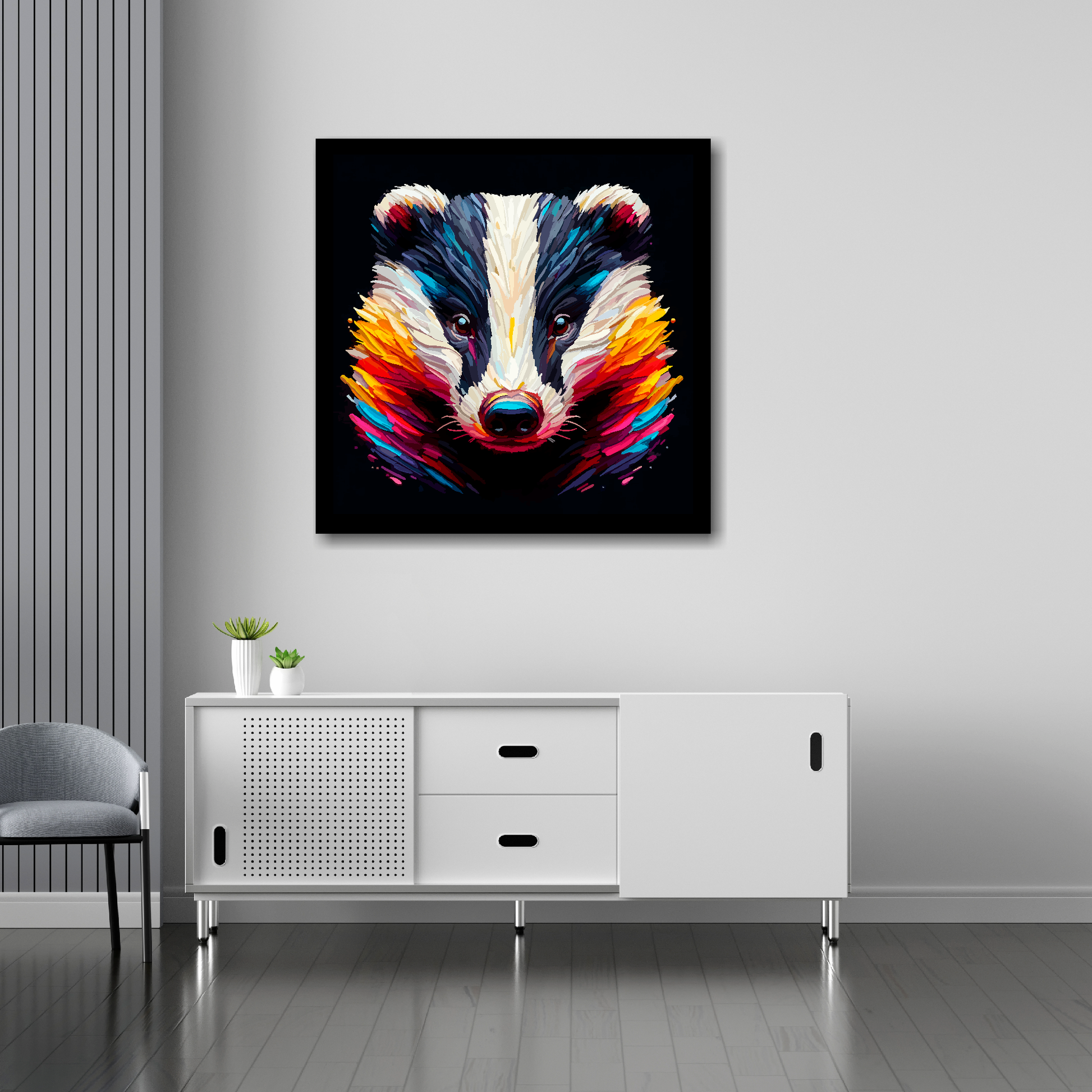 30 inch by 30 inch square canvas of a colourful Badger portrait on a black background. Mounted on a white wall above a white sideboard.