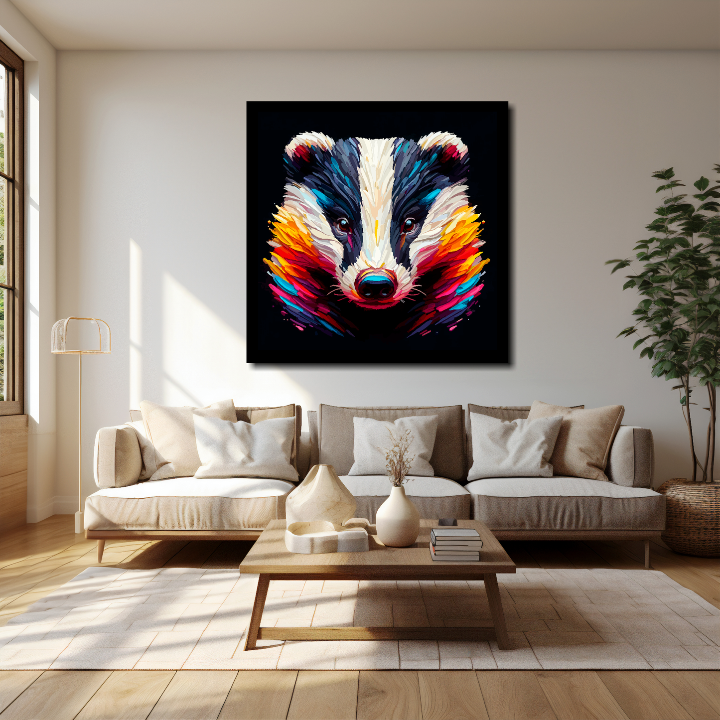 40 inch by 40 inch square canvas of a colourful Badger portrait on a black background. Mounted on a white wall above a cream sofa with decorative pillows.