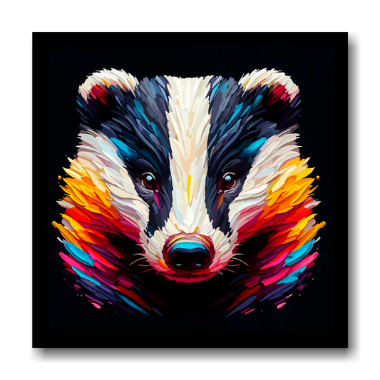 Large canvas wall art - A vibrant multi-coloured head portrait of a Badger. Available in 3 large sizes.