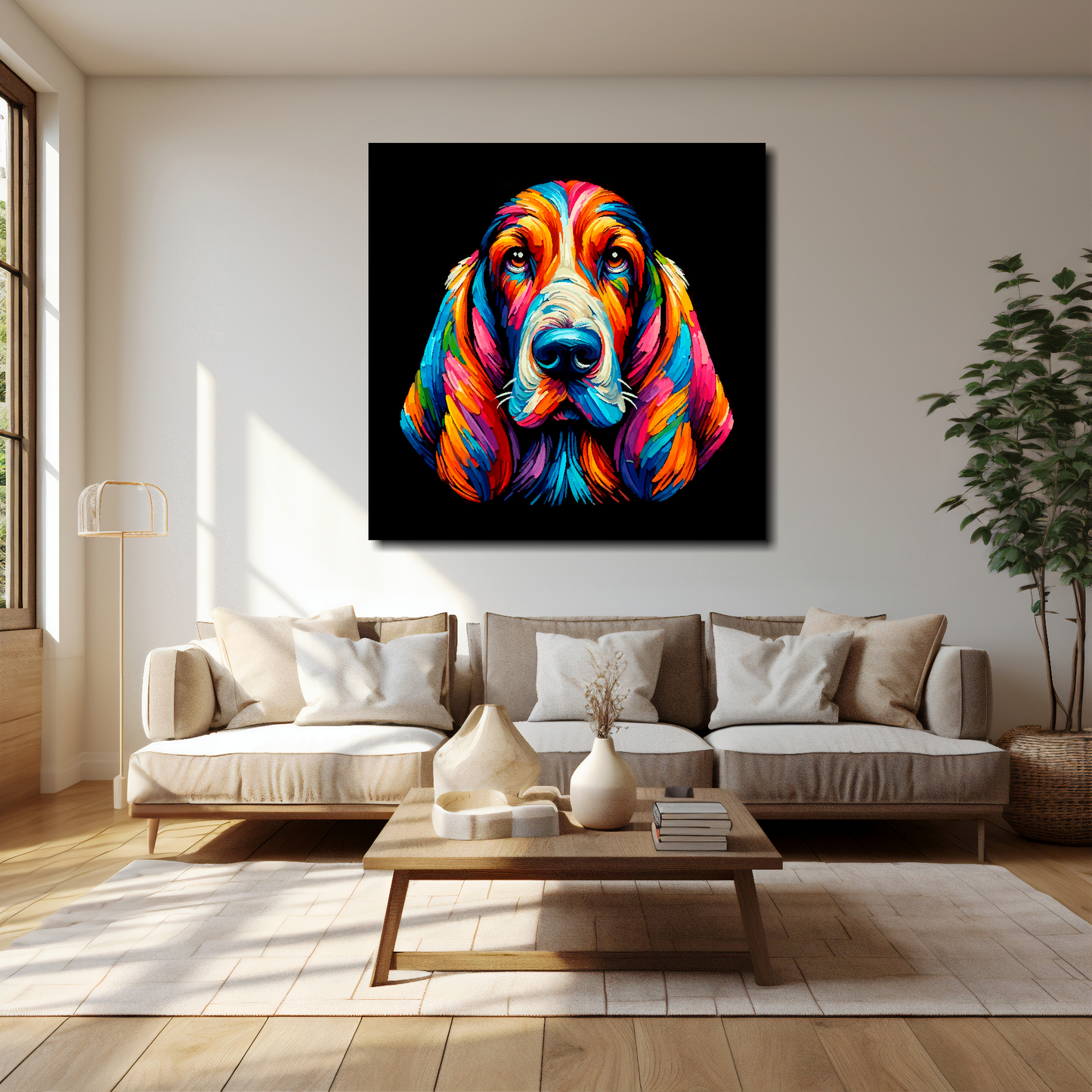 40 inch by 40 inch square canvas of a colourful Basset Hound head portrait on a black background. Mounted on a white wall above a cream sofa with decorative pillows.