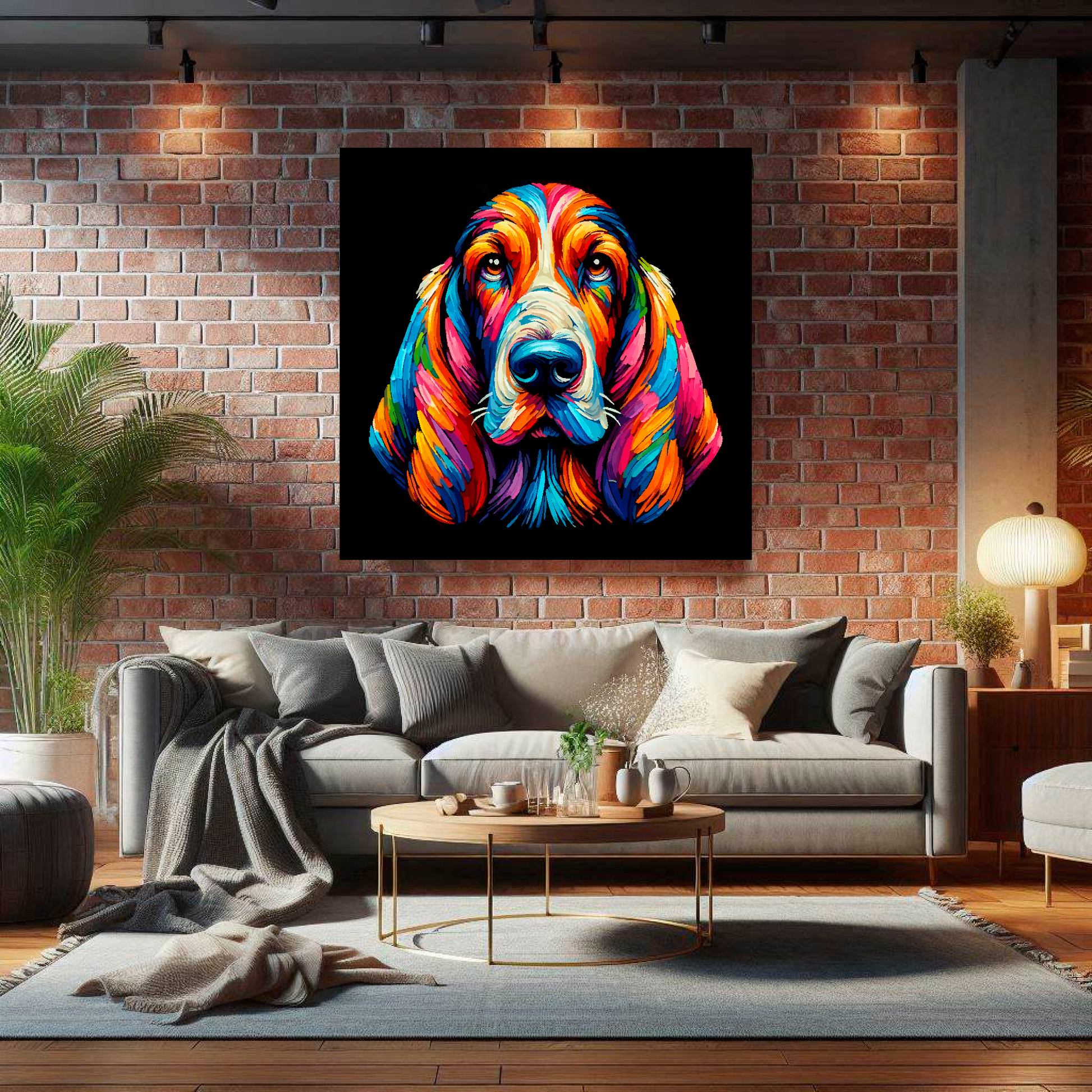 Large canvas wall art - A vibrant multi-coloured head portrait of a Basset Hound. Available in 3 large sizes.
