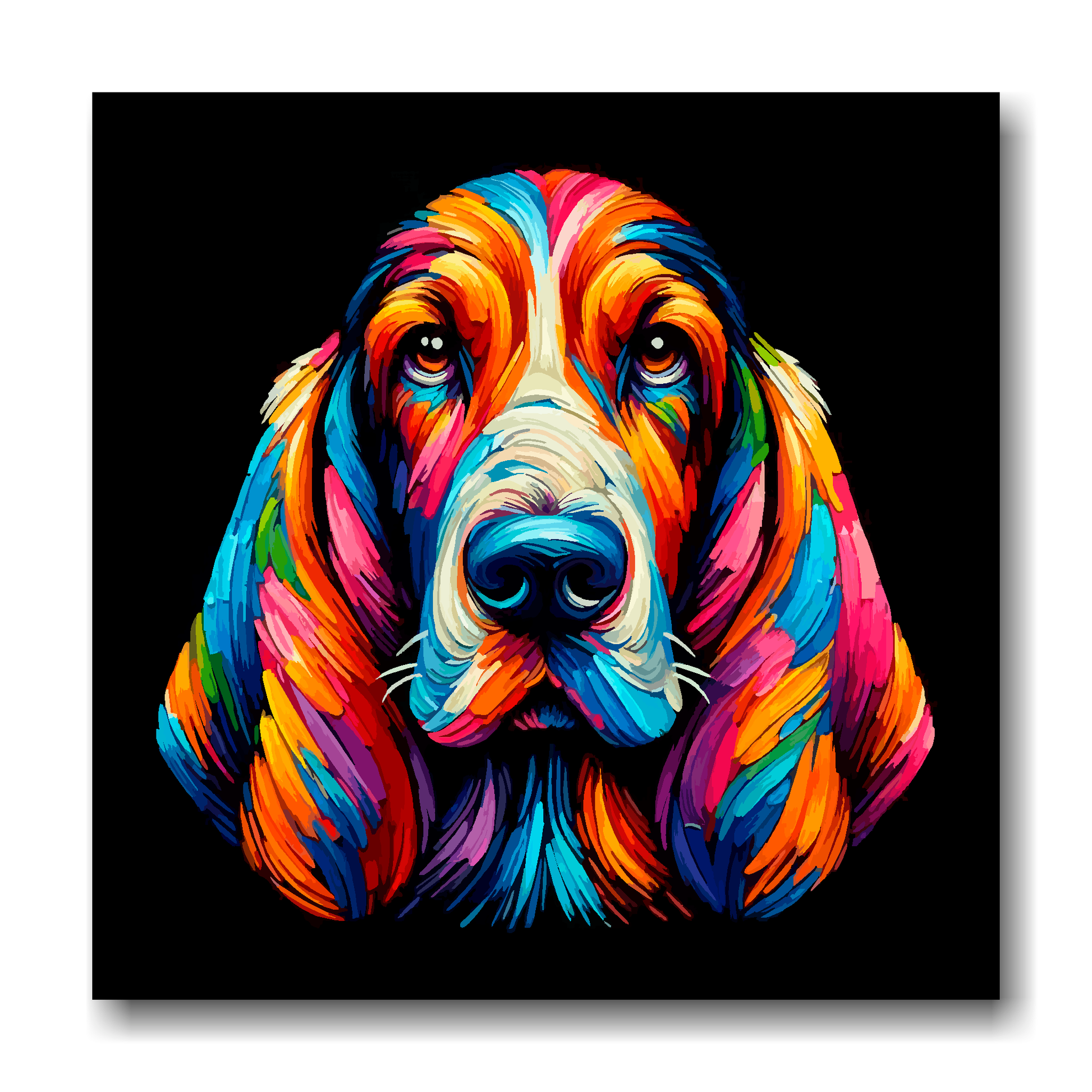 Large canvas wall art - A vibrant multi-coloured head portrait of a Basset Hound. Available in 3 large sizes.