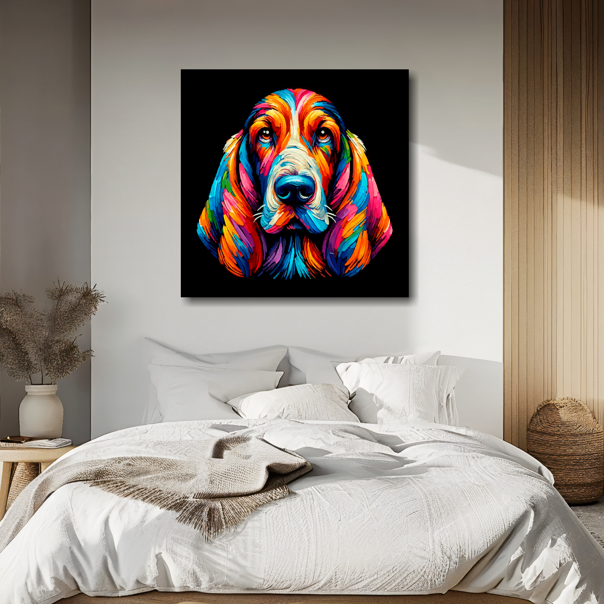 Large canvas wall art - A vibrant multi-coloured head portrait of a Basset Hound. Available in 3 large sizes.