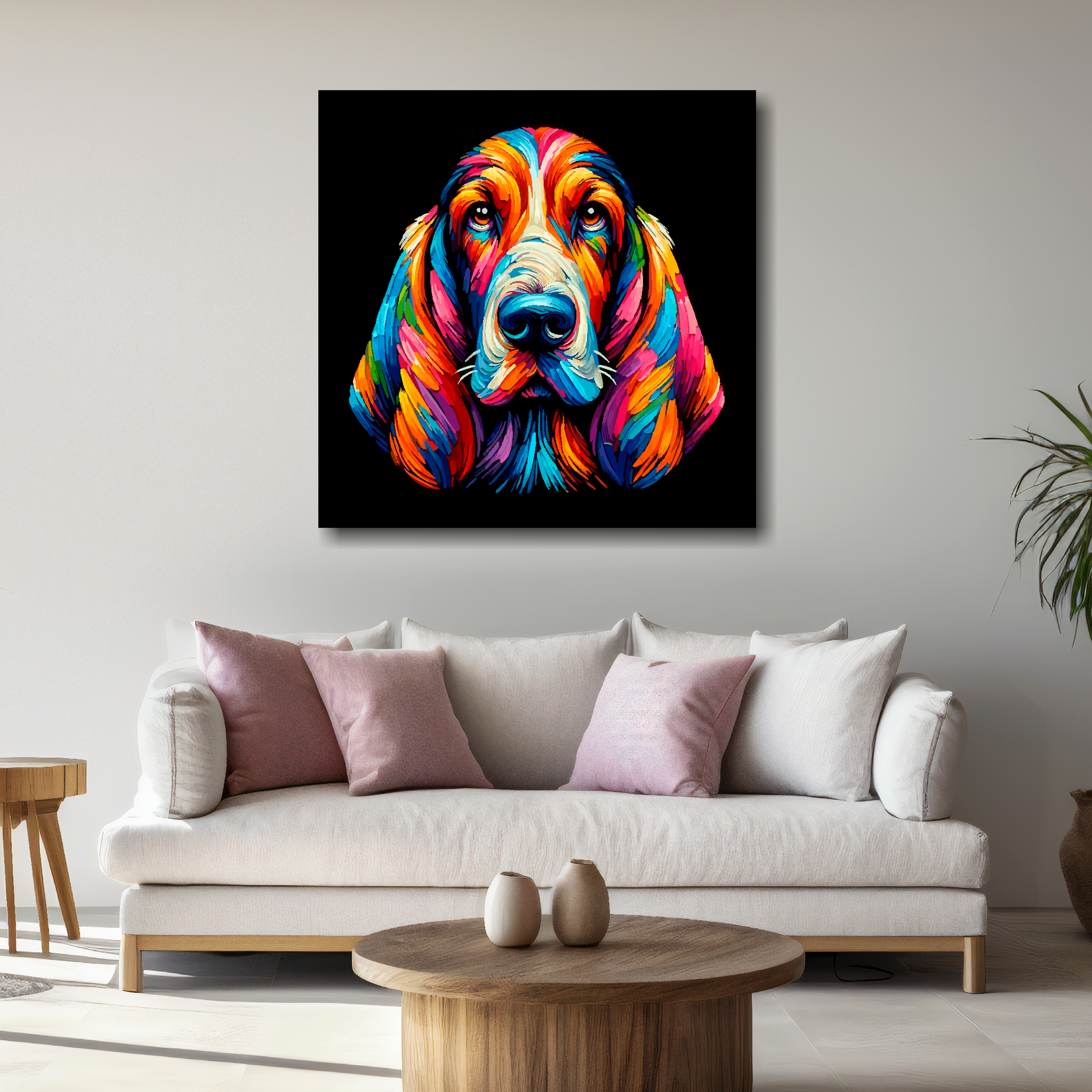 Large canvas wall art - A vibrant multi-coloured head portrait of a Basset Hound. Available in 3 large sizes.